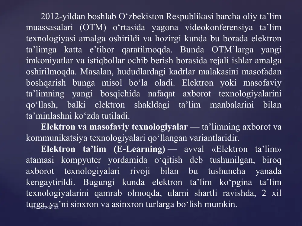arni amalga oshiruvchi va reyting daftarchalarni shakllantiruvchi tashkiliy didaktik robotlardir. elektron ta’limiy manbalarga kirish talabaning saytdagi «shaxsiy studiya» orqali amalga oshiriladi. o‘quv jarayonini ma’murlash iis «nur» intellektual axborot tizimi orqali amalga oshiriladi. bu tizim har bir talabaning o‘qishga kirganidan to diplom olgungacha qadar bo‘lgan vaqtdagi o‘qishini kuzatib boradi va nazorat qiladi, baholash va akademik ma’murlashda talabani elektron tarzda identifikatsiyalaydi. respublikamiz ta’lim muassasalarining barcha bo‘g‘inlarida takomillashgan tamoyillarga asoslangan yuqorida keltirilgan tizimlarni joriy etsak, o‘ylaymanki ta’lim jarayonida olib borilayot-gan islohatlarning namunali, samarali ijrosining bir bo‘lagi bo‘lib xizmat qiladi. adabiyotlar 1. karimov i.a. barkamol avlod - o‘zbekiston taraqqiyotining poydevori. – t.: sharq, 1998. b. 4-19. 2. o‘zbekiston respublikasining «ta‘lim to‘g‘risida»gi qonuni. barkamol avlod – o‘zbekiston taraqqiyotining poydevori. – t.: 1998. b. 20-29. 3. kadrlar tayyorlash milliy dasturi. barkamol avlod – o‘zbekiston taraqqiyotining poydevori. – t.: sharq, 1998. b. 31-61. 4. azizxo‘jaeva.n.n.pedagogik texnologiya va pedagogik mahorat.–t.:2003.-174 b. 5. barkamol avlod orzusi. – t.: o‘zbekiston. …