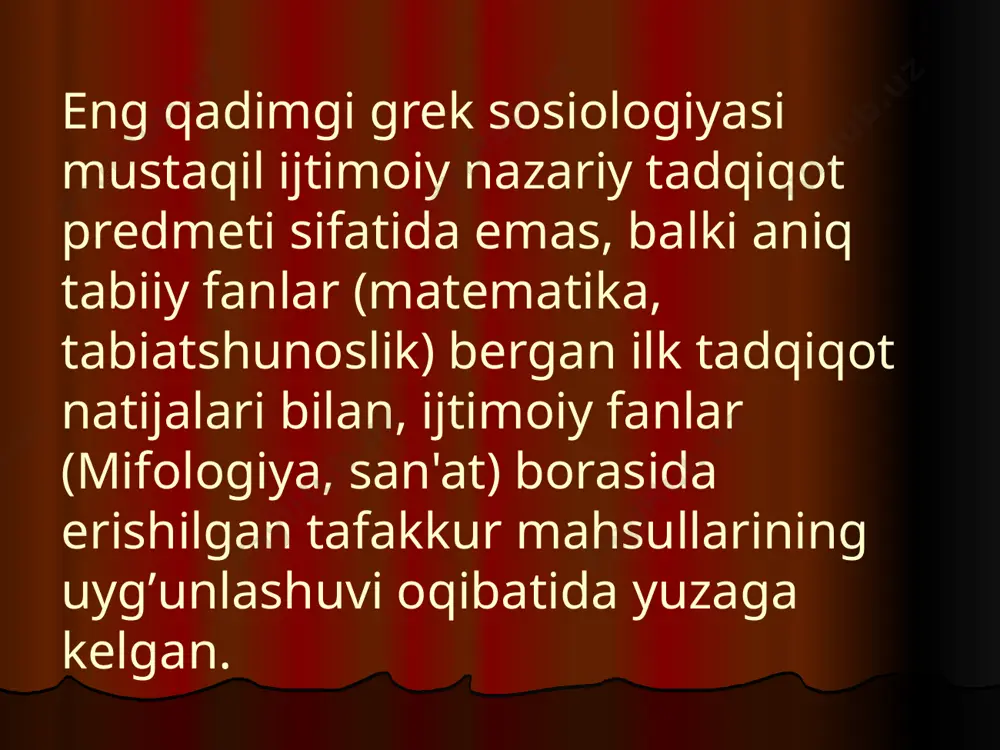 chi ming yillikning so’ngida (973 yil 4 sentyabr) tavallud topgan ulug’ bobokalonimiz abu rayxon beruniy ham sosiologiya nazariyasini rivojlantirish ishiga ulkan hissa qo’shdi. abu rayxon beruniy dunyoning sosiologik manzarasi evolyusion jarayon natijasida tarkib topganligini alohida qayd etadi."tuzilish va buzilish natijasida unsur bo’laklari bir-biriga qo’shilib, dunyo obod bo’lgan va olam tartibga tushgan"-deydi u. ayni chog’da beruniy olamni ijtimoiy taraqqiyotga olib keluvchi kuch ziddiyat va qarama-qarshiliklar emas balki, turli ijtimoiy darajalardagi murosa va konsensus ekanligini uqtiradi. “qarama-qarshiligi ravshan ayon bo’lgan narsaga qanday ishonib bo’ladi", deb mutafakkir qarama-qarshiliklardan holi bo’lgan jarayonlarida o’zgarish extiyoji kuchayishiga ishora qiladi. beruniy sosiologiyadagi muhim soha ijtimoiy tabaqalashuv haqida fikr yuritib shunday deydi: tillarning turlicha bo’lishiga sabab odamlarning guruhlarga ajralib ketishi, bir-biridan uzoq turishi, ularning bir-birida turli xohishlarni ifodalash uchun (zarur) bo’lgan so’zlarga ehtiyojlar tug’ilishidir. uzoq zamonlar o’tishi bilan haligi iboralar kuchayib, yodda saqlanishi va takrorlanishi natijasida tarkib topib tartibga tushgan. 3.ulug’ mutafakkir abu ali ibn sino ning sosiologik …