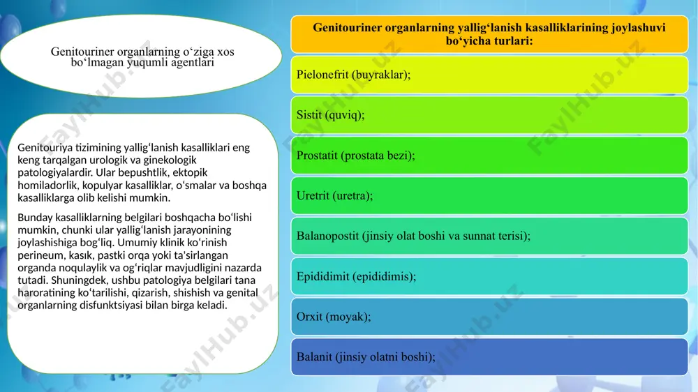 a yoki turga xos dnk yoki rnk ketma-ketligini aniqlaydi. teri infektsiyalarining to‘rt turi teri infektsiyalarining to‘rtta asosiy turi mavjud: bakterial, virusli, qo‘ziqorin parazitar . terining bakterial infektsiyalari. bakterial teri infektsiyalarining bir necha turlari mavjud jumladan: selo‘lit impetigo xo‘ppozlar va furunkullar karbunkullar follikulit metitsillinga chidamli staphylococcus aureus (mrsa) ektima bakterial teri infektsiyalari terining virusli infektsiyalar terining virusli infektsiyasi ba'zi viruslar ham teringizni yallig‘lanishi va infektsiya belgilarini keltirib chiqarishi mumkin. virusli infektsiyalarning ba'zi keng tarqalgan turlari :1 shingles suvchechak qizamiq sigillar herpes simplex virusi (hsv) qizilcha beshinchi kasallik qo‘l, oyoq va og‘iz kasalliklari parotit roseola molluscum contagiosum terining qo‘ziqorin infektsiyalari terining qo‘ziqorin infektsiyalari qo‘ziqorin infektsiyalarining eng keng tarqalgan turlari orasida: mikoz sportchi oyog‘i ringworm xamirturush infektsiyalari jock qichishi candida infektsiyalari terining parazitar infektsiyalar terining parazitar infektsiyalar teri infektsiyasining oxirgi turi parazitlardan kelib chiqadi , ular tanangizda oziqlanadigan va ko‘payadigan kichik organizmlardir. umumiy parazitar infektsiyalarga quyidagilar kiradi: bitlar qo‘tir ankitli qurt pedikulyoz shomil …