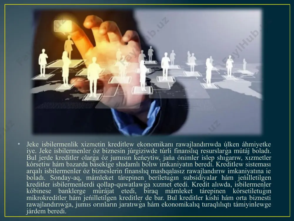 ol atqaradı. jeke isbilermenler óz biznesin baslaw yamasa keńeytiw ushın kóbinese sırtqı finanslıq resurslarǵa, yaǵnıy kreditlerge mútájlik sezedi. olardıń biznesi ushın kerekli qarjılardı usınıw, ásirese, kishi hám orta biznesti rawajlandırıwda áhmietli esaplanadı. kreditlew sisteması isbilermenlik jumısın qollap-quwatlawda tiykarǵı qural sıpatında xızmet etedi. bankler, finanslıq institutlar hám basqa da kredit shólkemleri isbilermenlerge óz bizneslerin rawajlandırıw, óndiris hám xızmet kórsetiwdi keńeytiw, jańa texnologiyalardı engiziw ushın hár qıylı kreditler usınadı. kredit alıw imkaniyatı isbilermenlerge likvidlikti támiyinlew, óz resursların keńeytiw hám bazar talaplarına tez juwap beriw imkaniyatın jaratadı. sonday-aq, mámleket tárepinen kishi hám orta biznesti rawajlandırıwǵa baǵdarlanǵan jeńilletilgen kreditler hám grantlar bar. bul baǵdarlamalar arqalı isbilermenler banklerge qaraǵanda ańsatıraq shártlerde kredit alıwı, joqarı procent stavkalarınan qashıwı hám biznes jumısların jáne de rawajlandırıwı múmkin. kreditlew sisteması tek ǵana ekonomikalıq ósiwge járdem berip qoymastan, al jańa jumıs orınların jaratıw, isbilermenlik ortalıǵın jaqsılaw hám biznestiń turaqlılıǵın támiyinlewge xızmet etedi. jeke isbilermenlikti kreditlestiriwde bar bolǵan qıyınshılıqlar da bar …