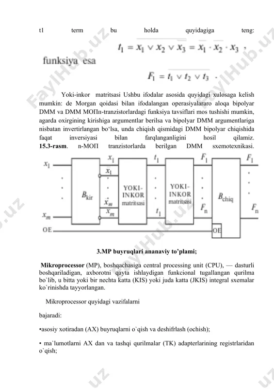 buyruqlarni adapterlardan tk, larga xizmat ko`rsatish uchun qabul qilish va qayta ishlash; • ma`lumotlarni qayta ishlash hamda ularni ax ga va tk, adapterlarining registrlariga yozish; • shk ning barcha boshqa uzellari va bloklari uchun boshqaruvchi signallarni ishlab chiqish. mikroprocessor qiymatlar shinasining razryaoliligi shk ning razryadliligani aniqlaydi; mp adreslar shinasini razryadliligi uning adres kengligini aniqlaydi. adres kengligi — bu asosiy xotira yacheykalarining maksimal soni bo`lib, u bevosita mikroprocessor tomonidan adreslanishi mumkin. birinchi mp 4004 mikroprocessori intel firmasi (aqsh) tomonidan 1971 yilda chiqarilgan. hozirgi vaqtda bir necha yuzlab turli mikroprocessorlar chiqarilmoqda, lekin еng ommaviy va keng tarqalgani intel va intel ga o`xshash firmalarning mikroprocessorlaridir. barcha mikroprocessorlarni 3 ta guro`hga bo`lish mumkin: — cisc tipidagi (complex instruction set command) to`liq to`plamli buyruqlar tizimi bilan mp; — risc tipidagi (redused instruction set command) qisqartirilgan to`plamli buyruqlar tizimi bilan mp; — misc tipidagi (minimum instruction set command) minimal to`plamli buyruqlar tizimi bilan va etarlicha yuqori …
