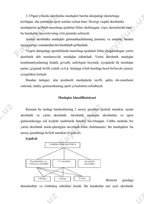 b vah.k. badiiy gimnastikaga xos mashqlar texnikasi dumalashlar va o'mbaloq oshishlar. badiiy gimnastikada foydalaniladigan dumalash, o'mbaloq oshishlarning hos uslublari sport gimnastikasi va akrobatikadagi mos harakatlardan farq qilmaydi. bunday harakatlar ijrosiga qo'yiladigan umumiy talablar - bu ohistalik va o'tishlarning asta-sekinligi, ya'ni tananing turli bo'g'inlarida asta-sekin tayanish bilan dumalash. 39-rasmda shu sport turiga xos yelka orqali o'mbaloq oshish ko'rsatilgan. gimnastikachi qiz uni son va ko'krak orqali, qo'llarga tayanmay ohista qo'yib, dumalash bilan boshlaydi (1-4 kadr). bu harakat dumalash jarayonida yuqoriga jadal ko'tariluvchi boldir va sonlarning siltanishi bilan qisman faollashadi. gimnas​tikachi qiz ko'krakda tik turish holatiga o'tish chog'ida yuqoriga itarilgandek bo'lib, bu bilan tanani bo'shatib, yelka bilan polga tayanishni yengillashtiradi. yelka orqali dumalash chog'ida qiz qo'llari asimmetrik holda ishlaydi. o'ng yelka orqali dumala-yotganda (4-5 kadr) o'ng qo'lini yig'ib, chap qo'li bilan polga tayanishni davom ettiradi va dumalashning shu qismini bajarishga yordam beradi. harakatning 2- qismi yelka orqali oldinga o'mbaloq oshish orqali o'tirish holatiga …