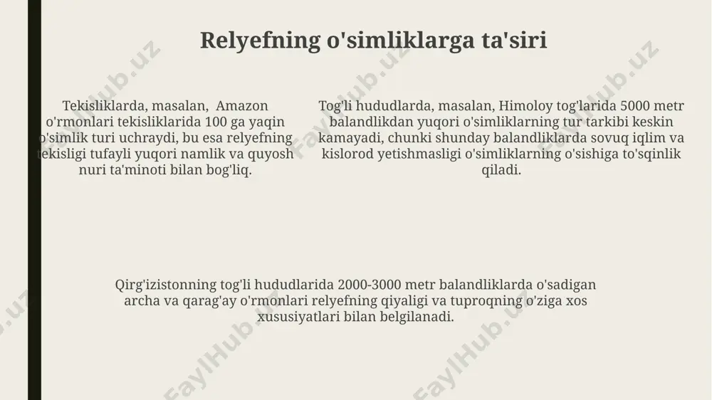 ortig'i markaziy osiyo, jumladan, qozog'istonning dasht hududlarida tuproq eroziyasidan himoya qilishda muhim rol o'ynaydi, bu esa cho'l hosil bo'lishini 15% ga kamaytiradi. amazon o'rmonlarining biologik xilma-xilligi, 10 milliondan ortiq o'simlik va hayvon turlarining uyidir, geografik joylashuvi va iqlim sharoiti bilan belgilanadi, ularni tabiiy ofatlardan himoya qiladi. geografiyaning o'simliklarga ta'siri ekvator yaqinidagi tropik o'rmonlarda 200 dan ortiq yog'ochli o'simlik turlari 1 gektar maydonda o'sadi, bu esa bioxilma-xillikning yuqori darajasidan dalolat beradi. o'rta dengiz iqlimiga ega hududlarda, masalan, kaliforniyaning qirg'oq bo'ylarida, 300 mm dan kam yog'in miqdori bilan xarakterlanadigan, qurg'oqchilikka chidamli butalar va daraxtlar, masalan, zaytun va eman turlari ustunlik qiladi. o'rta dengiz iqlimiga ega hududlarda, masalan, kaliforniyaning qirg'oq bo'ylarida, 300 mm dan kam yog'in miqdori bilan xarakterlanadigan, qurg'oqchilikka chidamli butalar va daraxtlar, masalan, zaytun va eman turlari ustunlik qiladi. iqlimiy omillar va o'simliklar amazon o'rmonlarida, yillik yog'in 2000 mm dan ortiq bo'lgan hududlarda, bioxilma-xillik juda yuqori bo'lib, 75 000 dan ortiq …
