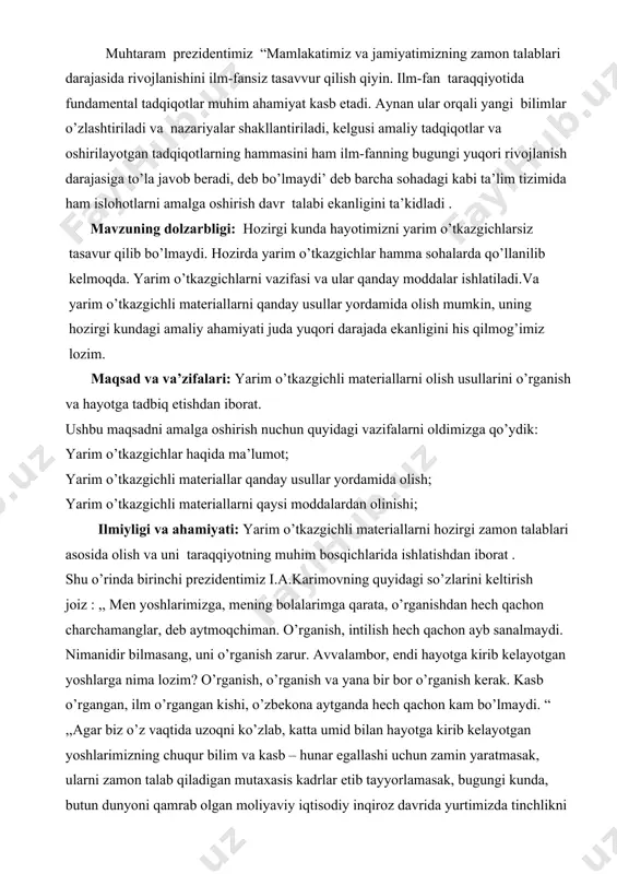 eneratorlarni keltirish mumkin. past o‘zgarmas kuchlanishdagi rekombinasiyali chaqnash nur uzatish manbai va hisoblash mashinalaridan axborot chaqirish qurilmalarida ishlatiladi yarim oʻtkazgichlar — elektr tokini yarim yaxshi oʻtkazuvchi moddalar (oʻtkazgichlar, asosan, metallar) va elektr tokini amalda oʻtkazmaydigan moddalar (dielektriklar) orasidagi oraliq vaziyatni egallaydigan moddalardir. mendeleyev davriy sistemasida ii, iii, iv, v va vi guruhlarda joylashgan koʻpchilik elementlar ularning bir qator birikmalari yarim o'tkazgichlar jumlasiga kiradi.yarim o’tkazgichlarda ham metallardagi kabi elektr oʻtkazuvchanlik elektronlarning harakati tufayli yuzaga keladi. biroq elektronlarning harakatlanish sharoitlari metallar va yarim o’tkazgichda turlicha boʻladi. quyidagi asosiy xususiyatlarga ega: ning elektr oʻtkazuvchanligi temperatura koʻtarilishi bilan ortib boradi (masalan, temperatura 1 k ga ortganda ning solishtirma oʻtkazuvchanligi 16—17 marta ortadi); yarim o’tklazgichlarning elektr oʻtkazuvchanligida erkin elektronlardan tashqari atom bilan bogʻlangan elektronlar ham ishtirok etadi (baʼzi hollarda bogʻlangan elektronlar asosiy rol oʻynaydi). sof ga oz miqdorda qoʻshilma kiritib, uning oʻtkazuvchanligini keskin oʻzgartirish mumkin (masalan: 0,01% qoʻshilma kiritilganda ning oʻtkazuvchanligi 10000 marta ortib ketadi). …