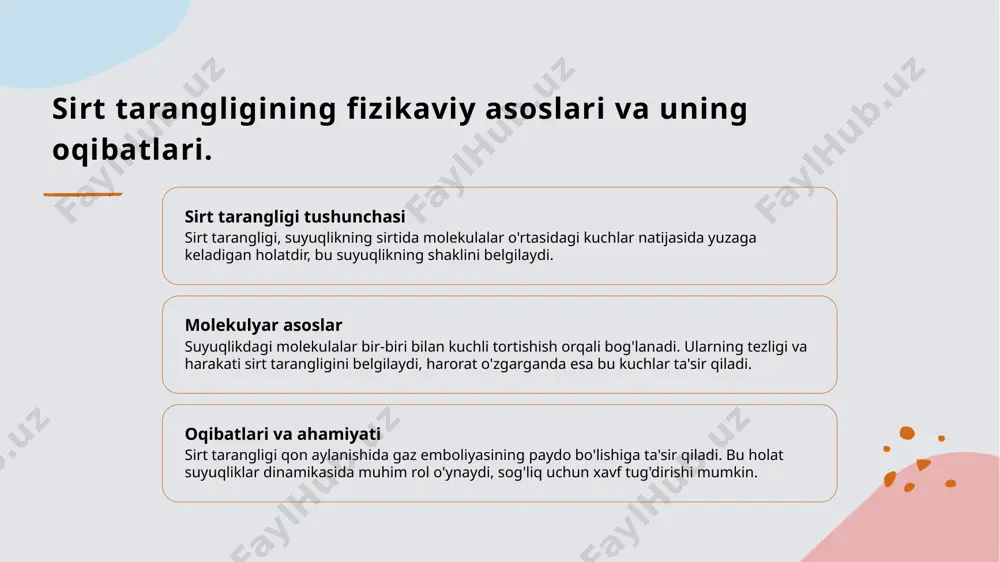 angligi zamonaviy o'lchash usullari sirt tarangligi suyuqliklar va gazlar o'rtasidagi muhim o'zaro ta'sirni ifodalaydi. bu jarayonlar, ilmiy tadqiqotlar va amaliyotda keng qo'llaniladi. harorat o'zgarishlari sirt tarangligini sezilarli darajada ta'sir qiladi. bu ta'sirlar, suyuqliklarning fizikaviy xususiyatlariga va amaliy qo'llanmalarga asoslanadi. sirt tarangligini aniqlashda zamonaviy metodlar, eksperimental yondashuvlar va usullar muhim ahamiyatga ega. ular, natijalarni yanada aniq va ishonchli qilishga yordam beradi. foydalanilgan adabiyotlar 1. sultonov, a. a. sirt tarangligi va uning haroratga bogʻliqligi. oʻzbekiston milliy universiteti, 2021 2. maxmudov, b. f. suyuqliklar sirt tarangligini o'lchash usullari. oliy ta'lim, 2022 3. jalilov, d. r. havo va gaz emboliyasining fiziologik ta'siri. tibbiyot jurnali, 2020 4. rahmonov, s. m. sirt tarangligi va suyuqliklar dinamikasi. fizika va kimyo, 2023 5. khamroev, r. s. sirt tarangligi va uning biologik ahamiyati. biologiya va tibbiyot, 2022 e'tiboringiz uchun rahmat! /docprops/thumbnail.jpeg