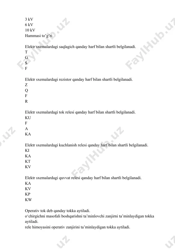 ilik himoyalar tok bo‘yicha ... % gacha, burchak bo‘yicha ... ° xatolikka ruxsat beriladi. nuqtani to’ldiring. 10% , 8° 5% , 8° 15% , 7° 10% , 7° tok transformatori qanday ish rejimiga yaqin ish rejimda ishlaydi. salt yuklama avariya qisqa tutashuv tt ning ikkilamchi zanjiri uzilsa nima bo’ladi. tt noto’g’ri ishlaydi. hech narsa bo’lmaydi. hamma ikkilamchi tok magnitlovchi tokka aylanib qoladi. hamma birlamchi tok magnitlovchi tokka aylanib qoladi. tt va tok relelarining ulanishlarining nechta turi qo’llaniladi. 5ta 3 ta 2 ta 4 ta to’liq yulduz sxemasida tok transformatorlari ... fazalarga o‘rnatiladi. nuqtani to’ldiring. a vab b va c a va c hamma tt va tok relelarining ulanishlarining turlarini qaysilar. to’liq yulduz; to’liq bo’lmagan yulduz; ikki faza toki farqiga ulanishi; hammasi to’g’ri to’liq yulduz sxemasida tok transformatorlarining ikkilamchi chulg‘amlari va relening chulg‘amlari ... ko‘rinishida ulanadi. nuqtani to’ldiring. uchburchak zigzag parallel yulduz neytrali izolatsiyalangan liniyalarda kuchlanish qancha bo’ladi? 0,22 ; 0,38 …