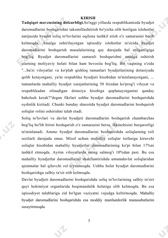 iyaviy barqarorligini ta'minlash, ularning daromadlarini shakllantirish, byudjet daromad bazalarini kengaytirish masalalari rossiyalik olimlardan a.m.babich, v.vinogradova, e.v.orlova, yu.s.dolganovovoy, n.a.istominoy, n.v.pokrovskaya, g.b.polyak, n.v.salina va o'zbekistonlik olimlardan m.alimardonov, a.vahobov, e.gadoev, sh.gataulin, a.jo'raev, x.jamolov, t.malikov, a.mamanazarov, o.olimjonov, sh.toshmatov, n.haydarov, b.toshmurodova, q.yah'yoev, n.qo'zieva, d.raxmonov, h.kurbonov, s.karimov, b.abibullaev, j.esmurzaev, s.jubaev, a.mamanazarov, a.suvonov, q.tojiboeva, x.qobulov, x.qurbonov, a.xayriddinov, a.islamkulov, u.o'roqov, n.soatovalar tomonidan tadqiq qilingan[footnoteref:1] [1: покровская н.в. налоги в доходах местных бюджетов стран оэср. ж. налоговая политика государства № 3/2014 – с. 33-37.; поляк г.б. бюджетная система россии [электронный ресурс]: учебник для студентов вузов, обучающихся по экономическим специальностям. - 3-е изд., перераб. и доп. – м.: юнити-дана, 2012. – 703 с.; поляк. г.б. налоги и налогообложение: учебник и практикум. -2-е изд., перераб. и доп. – м.: юрайт, 2015. – 474 с.; салина н.в. налоговые доходы местных бюджетов росийской федерации. автор. дисс. на соис. уч. ст. к.э.н. – санкт-петербург: санкт-петербургский государственный университет. 2018. – 21 с.; алимардонов м., тухсанов …