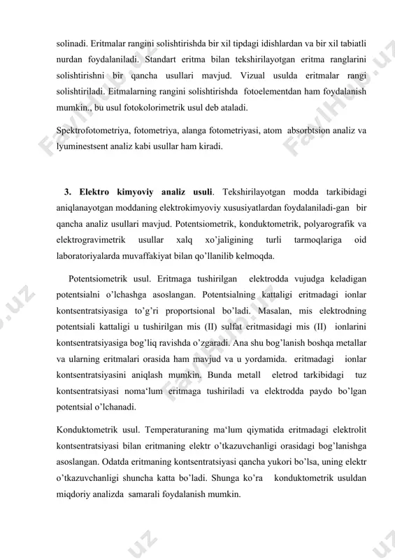 dalaniladi. uchinchidan, ayrim ionlarni boshqa ionlar ishtirokida aniqlash mumkin, ya‘ni ionlarni bir-biridan ajratishdek murakkab va ko’p vaqt talab etuvchi jarayonlar bo’lmaydi. texnikada tarkibida 0,001 % metall bo’lgan namunalar 1% ga yaqin aniqlik bilan topilishi mumkin. elektrogravimetriya usuli aniqlanayotgan elementni elektroliz yordamida elektrod yuzasida cho’ktirishga asoslangan. bunda elektrod yuzasi tozalanadi va uning massasi o’lchanadi so’ng tekshirilayotgan eritmaga tushiriladi, elektroliz tugagandan so’ng elektrodning massasi yana aniqlanadi. elektrod massalarining farqidan foydalanib, eritmadagi element ( yoki modda) miqdori to’g’risida xulosa chiqariladi. elektr toki bunda cho’ktiruvchi “reaktiv” vazifasini o’taydi. cho’kish elektrodlardan birida roy beradi. 4. xromatografik analiz. xromatografiya modda aralashmalarini ularni tashkil etuvchi komponentlarga ajratishning fizik- kimyoviy usuli bo’lib, u adsorbent (yutuvchi)larning turli moddalarni tanlab adsorblashiga asoslangan. adsorbtsiya ususli rus olimi m.s.tsvet tomonidan 1903 yilda kashf etilgan. xromatografik analiz usullaridan adsorbtsion, ion almashinish, taqsimlanish va cho’ktirish xromatografiyalari miqdoriy analiz o’tkazishda bir yoki bir necha moddaning eritmaning molekulalararo kuchlar ta‘sirida ayrim ionlarning tanlab adsorbtsiyalanishiga asoslangan. adsorbentlar …