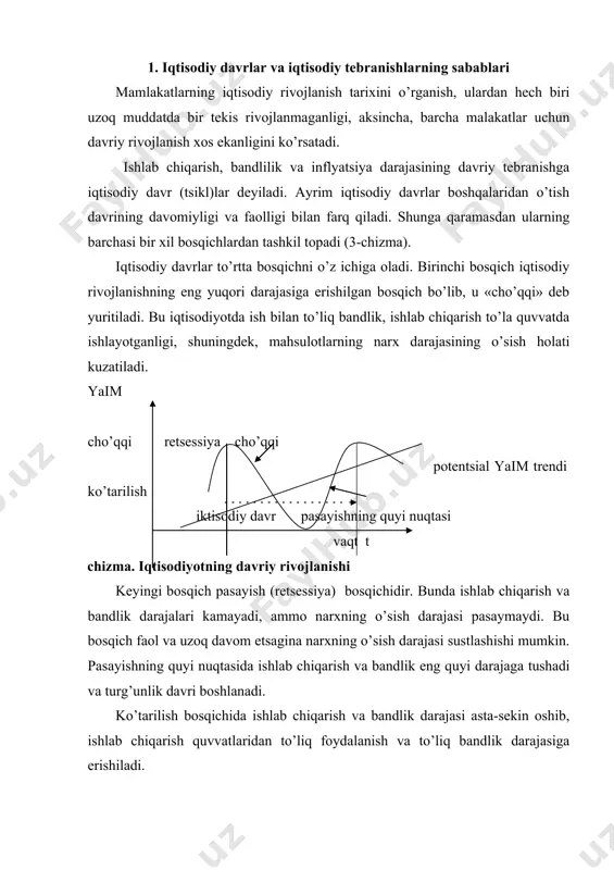 davrlar deb emas, balki iqtisodiy tebranishlar deb atash to’g’ri bo’ladi deb hisoblashadi. iqtisodiy tebranishlarning asosiy sababi sifatida iqtisodichilar uch omilni ko’rsatadi. birinchi guruh olimlar iqtisodiy tebranishlarning asosiy sababi texnika va texnologiyalarda ro’y beradigan o’zgarishlar deb hisoblaydilar. ularning fikricha fan-texnika yutuqlarini qo’llash natijasida iqtisodiyotda o’sish ro’y beradi. masalan, avtomobilning yaratilishi yoqilg’i sanoati, neft qazib chiqarish, ximiya, yo’l qurilishi materiallari sanoatlarining jadal rivojlanishiga sabab bo’ldi. yangi texnologiyalar ishlab chiqarish unumdorligini bir necha baravar oshirish, ilgari foydalanilmagan resurslarni ishga tushirish imkonini beradi. texnik va texnologik yangiliklar doim ham yaratilavermasligi iqtisodiyotdagi tebranishlarga sabab bo’ladi. olimlarning yana bir guruhi iqtisodiy bosqichlarni siyosiy va tasodifiy vaziyatlarga bog’lashadi. bu jarayonni monetar siyosatga bog’laydigan olimlar ham mavjud. ya’ni, davlat qanchalik ko’p pul bosib chiqarsa, uning qadri shunchalik kamayib boradi, va aksincha, pul miqdori qanchalik kam bo’lsa, ishlab chiqarish ko’lamining pasayishi va ishsizlar sonining ortishi shunchalik tezlashadi. xullas, iqtisodiy bosqichlarni narxlashga turli xil yondashuvlar mavjud. ammo barcha iqtisodchilar, ishlab …