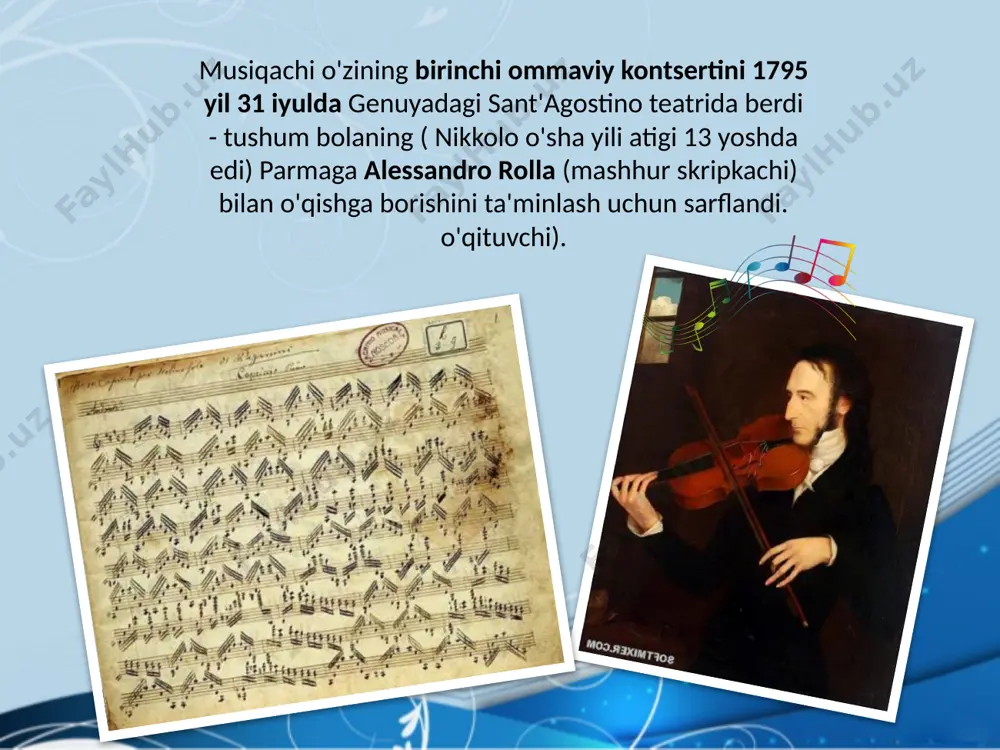 z, bir sirli narsa bor; lekin uni duo qilsam, hayratga tushsam va uning har bir konsertiga borsam, bu nafaqat xudbin ishtiyoqdan, balki san’atkorning fanatizmidan... menga paganini janrning napoleonidek tuyuladi...” evgeniy delakrua 1798 - 1863 yillar jan avgust dominik engr 1780 - 1867 yillar vilgelm hensel 1794 - 1861 yillar yevropa rassomlari tomonidan chizilgan n. paganini portretlari tasviriy san'atda qo'lga kiritilgan daho obrazi paganini. igor jarkov. igor jarkov. paganini. 20 paganini musiqasi ko'plab bastakorlarni ilhomlantirgan. uning baʼzi asarlari list, shumann va k. shimanovski tomonidan pianino uchun aranjirovka qilingan. kampanella va 24 ta kaprisning ohanglari turli avlodlar va maktablar bastakorlarining moslashuvlari va variantlari uchun asos bo'ldi: f. liszt, f. shopen, i. brams, s. rachmaninoff, v. lutoslavski . florentsiya kechalari" hikoyasida tasvirlangan . kinorejissyorlar chistyakov. paganini o'ynaydi yu. vrublevskiy. paganini s.makeev. paganini "paganini: iblisning skripkachisi" filmi kinoijodkorlarning buyuk skripkachi maestro nikolo paganinining sirini ochishga qaratilgan navbatdagi urinishini ifodalaydi. uning butun hayoti tasavvuf bilan …