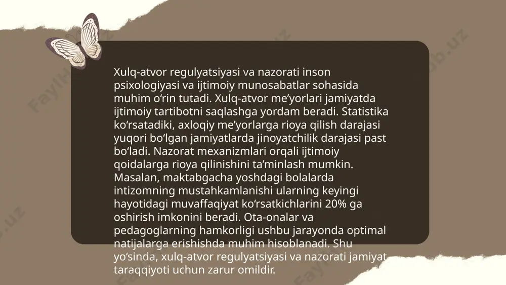 zmaslik. o'zbek jamiyatida axloqiy me'yorlar oilaga sadoqat, kattalarga hurmat va o'zaro yordam kabi tamoyillarni o'z ichiga oladi. ushbu qoidalar insonlarning jamiyatda uyg'un yashashlariga, muammolarni tinch yo'l bilan hal qilishlariga yordam beradi. axloqiy xulq atvor regulyatsiyasining takomillashuvi. xulq atvor shakllarining ijtimoiylashuvi(l.vigotskiy). o‘zini o‘zi boshqarish va personallik rozumova nafisa e'tiboringiz uchun raxmat! image1.png image2.png image3.png /docprops/thumbnail.jpeg
