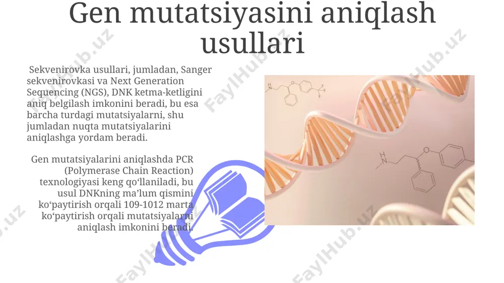 r, bu esa 1 dan ortiq genlarga ta'sir qilishi mumkin. punkt mutatsiyalari, yoki nuqta mutatsiyalari, dnk ketma-ketligining bitta nukleotidini o'zgartirishni o'z ichiga oladi va missens, nonsens va jim mutatsiyalar kabi 3 ta asosiy turga bo'linadi. gen mutatsiyasining oqibatlari ba'zi gen mutatsiyalari saraton rivojlanishiga, xususan, onkogenlarning faollashuviga yoki o'simta supressor genlarining inaktivatsiyasiga sabab bo'lishi mumkin, bu esa hujayra o'sishini nazorat qilishni buzadi. gen mutatsiyalari irsiy kasalliklarning, masalan, 1000 dan ortiq turdagi fenilketonuriyaning yuzaga kelishiga olib kelishi mumkin, bu esa metabolik jarayonlarning buzilishiga olib keladi. gen mutatsiyasi nima? 01 02 gen mutatsiyasi dnk yoki rnk molekulalaridagi ketma-ketlikdagi o'zgarishlar bo'lib, bu o'zgarishlar irsiy bo'lishi va organizmning fenotipiga ta'sir qilishi mumkin, ba'zan 1 dan ortiq genni o'zgartirishi mumkin. sales 1st qtr 2nd qtr 100 0 sales 1st qtr 2nd qtr 100 0 mutatsiyaning inson salomatligiga ta'siri o'rtacha har bir inson genomida 60 ga yaqin yangi mutatsiya mavjud bo'lib, ularning aksariyati zararli emas, ammo ba'zilari …