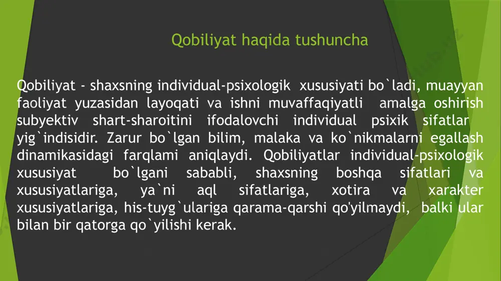 ish) ning keng imkoniyatlari bor bolib, buni odam ozida chinakam va qatiyatlik bilan ishlash orqali rivojlantirish mumkin. odamning qobiliyatlarida bor bolgan kompensatorlik imkoniyatlari, masalan, korish va eshitishdan mahrum bolgan odamlarni maxsus tarbiyalashda nomoyon boladi. qobiliyatlarni miqdor jihatdan olchash muammosi psixologiyada katta tarixga egadir. xix asrning oxiri va xx asrning boshlaridayoq bir qator psixologlar (kettel, termen, spirman va boshqalar) ommaviy ixtisosliklar uchun kasb tanlashni amalga oshirish zarurati bilan uzviy bogliq bolgan talablar tasiri ostida talim olayotganlarning qobiliyat darajasini aniqlashni talab qilib chiqdilar. osha paytlarda qobiliyatlarni olchash usuli sifatida aqliy istedod testlaridan foydalanildi. aqliy istedod testlarining yordami bilan bir qator mamlakatlarda (aqsh, buyuk britaniya va boshqalar) qobiliyatlarni aniqlash va maktablarda oquvchilarni saralash, armiyada ofitserlik xizmatini bajarish, ishlab chiqarishda rahbarlik lavozimini tanlash va shu kabilar amalga oshiriladi. qobiliyatlarning turlari qobiliyatlar umumiy va maxsus boladi. umumiy qobiliyatlar mavjud bolganda kishi faoliyatning turli xillari bilan muvaffaqiyatli shugullana oladi. maxsus qobiliyatlar kishiga qandaydir bir muayyan faoliyat …