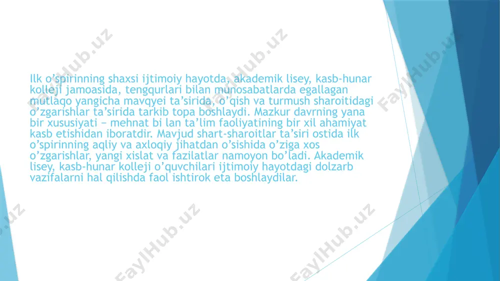 yurak va qon tomirlarning rivojlanishida o‘smirlarga xos bo‘lgan notekislik endi tekislashadi, qon bosimi baravarlashadi, ichki sekretsiya bezlari bir me’yorda ishlay boshlaydi. nerv sistemasining va xususan, miya rivojlanishidagi o‘zgarishlar ma’lum bo‘lib qoladi. lekin, bu o‘zgarishlar miya massasining ortishi hisobiga emas, balki miyaning ichki nerv sistemasining va xususan, miya rivojlanishidagi o‘zgarishlar ma’lum bo‘lib qoladi. lekin, bu o‘zgarishlar miya massasining ortishi hisobiga emas, balki miyaning ichki hujayralari tuzilishining murakkablashuvi hisobiga ro‘y beradi. katta yarim sharlar qatlamidagi hujayralarning tuzilishi sekin-asta kattta yoshdagi kishi miyasining hujayralariga xos bo‘lgan xususiyatlarga ega bo‘ladi. bosh miya po‘stining qismlarida assotsiativ to‘qimalarning miqdori ko‘payadi. natijada o‘qish va mehnat jarayonida katta (yarim sharlar) qatlamining analitik-sintetik faoliyati murakkablashadi. ba’zan bu yoshdagi o‘quvchilarda nerv qo‘zg‘aluvchanligining ortishi, nerv sistemasi normal ishlashining buzilishi ko‘pincha noto‘g‘ri yashash rejimining: tungi mashg‘ulotlar, to‘yib uxlamaslik, toliqish, chekish, noratsional ovqatlanish, zararli odatlar va boshqa ayrim sabablarning natijasida ro‘y beradi. ilk o‘spirinlik davrini ikkinchi o‘tish davri deb hisoblash mumkin. agar birinchi …