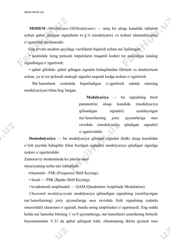 tudasi o`zgarmaydi; faza-modulyaciya qilingan signalning halaqitlarga chidamliligi ham yuqoridir. signalning sof amplitudali modulyaciyasida uning halaqitlardan himoyalanganligi juda pastdir, shuning uchun halaqitlarga chidamliroq, lekin yanada murakkabroq kvadraturali amplitudali modulyaciya qo`llaniladi, bunda uzatilayotgan ma`lumotlar taktida bir vaqtning o`zida signalning ham fazasi, ham amplitudasi o`zgaradi. ma`lumotlarni uzatish bayonnomalari modemlarda ma`lumotlarni uzatish va ularni o`zgartirish qabul qilingan bayonnomalarga mos ravishda bajariladi. ma`lumotlarni uzatish bayonnomasi — bu ma`lumotlar shaklini va ularning aloqa kanalida uzatish jarayonlarini reglamentlovchi (tartiblovchi) qoidalar to`plamidir. bayonnomada, xususan, quyidagilar ko`rsatilishi mumkin: ma`lumotlar qanday tasvirlanadi, ma`lumotlarni uzatishni tezlashtirish va himoya qilish maqsadida qanday modulyaciya turi tanlanadi, kanal bilan ulanish, kanalda amaldagi shovqinlarni bartaraf еtish va ma`lumotlarni uzatishning ishonchliligini ta`minlash qanday bajariladi. standart odatda o`z ichiga bayonnomalar to`plamini oladi, kam hollarda bitta bayonnomani oladi. modemlar uchun ma`lumotlarni uzatish bayonnomalari soxasidagi rasniy qonunchi telegraf va telefoniya bo`yicha xalqaro maslaxat kengashidir — ttxmk (ko`pincha adabiyotda uning francuzcha abbreviaturasi — ccitt uchraydi). bu kengash yaqinda telekommunikaciya xalqaro …