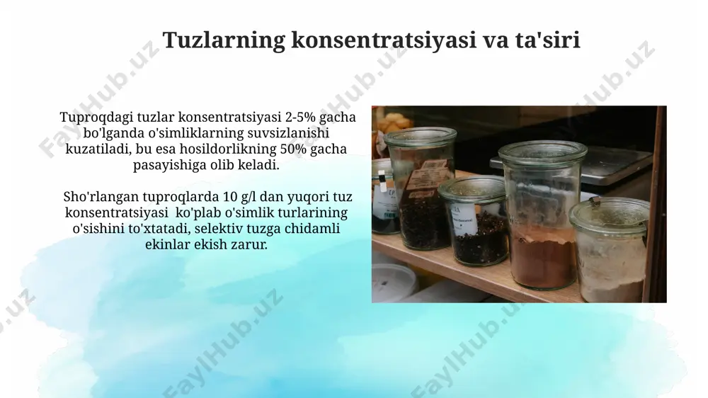 mumkin. oziq-ovqat mahsulotlaridagi erigan moddalarning yuqori konsentratsiyasi, masalan, 10% dan ortiq tuz miqdori, mahsulotning suv faolligini pasaytirib, mikroorganizmlar rivojlanishini sekinlashtiradi, ammo ta'm va tekstura sifatini yomonlashtirishi mumkin. suv faolligi va uning ahamiyati oziq-ovqat mahsulotlarining suv faolligi ularning teksturasi, rangi va hidiga ta'sir qiladi, masalan, aw 0,6 dan past bo'lganda quruq mahsulotlarning xiralashishi kamayadi. suv faolligi nazorati, oziq-ovqat mahsulotlarini mikrobiologik buzilishlardan himoya qilishda kimyoviy konservantlarga bo'lgan ehtiyojni kamaytiradi, bu esa sog'lom ovqatlanishga hissa qo'shadi. e'tiboringiz uchun rahmat @taqdimot_robot image2.jpg image3.jpg image4.jpg image5.jpg image6.jpg image7.jpg image8.jpg image9.jpg image10.jpg image11.jpg image12.jpg image1.png