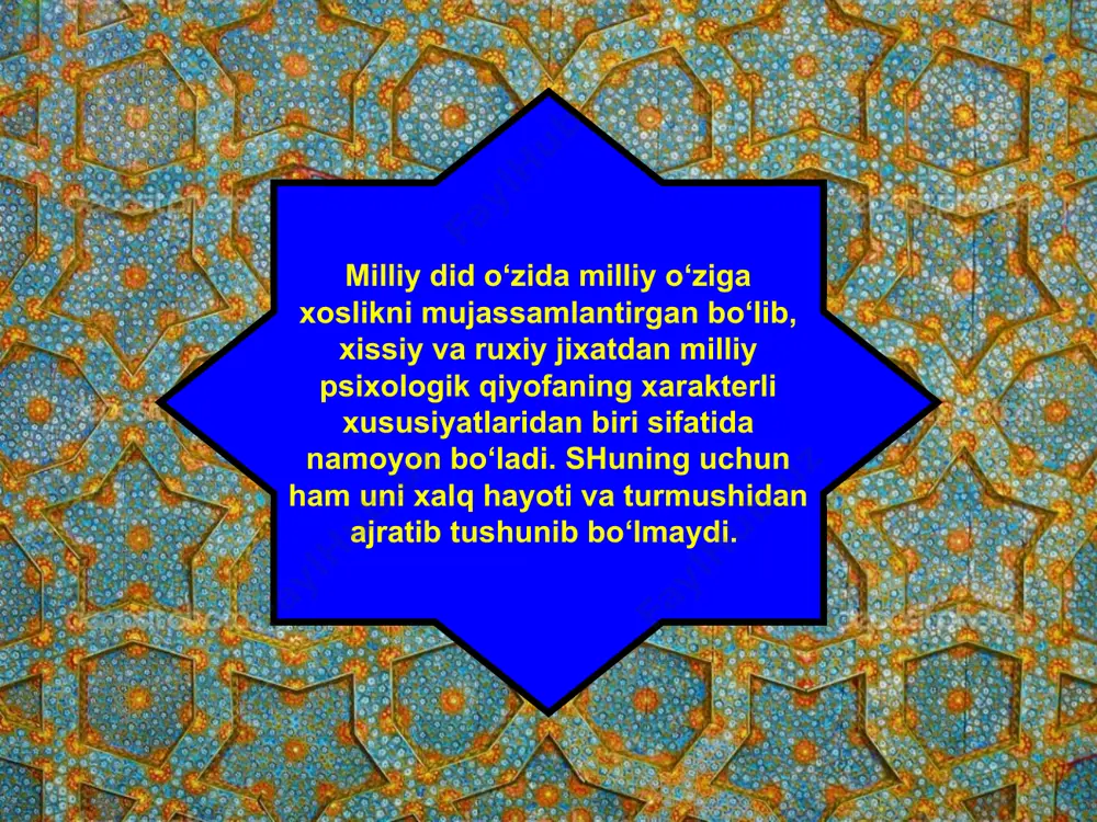 ning avvallari ko‘pchiliik oldiga chiqib o‘ynashi mutlaqo mumkin bo‘lmagan. mehnat faoliyati, iqtisodiy uklad va yashash sharoitlari asosida vujudga keladigan milliy did bu sharoitlarning o‘zgarishi bilan ma’lum darajada o‘zgarishlarga uchraydi. lekin qadimiy tab’ va didlar butunlay izsiz yo‘qolib ketmaydi. milliy didning o‘zgaruvchanligi xalqimizning kiyinishi, taomlar tayyorlashida milliy andozalar bilan birga boshqa xalqlardan kirib qolgan yangi taomlar, shirinliklar va ust-boshlar xisobiga o‘zgarish bo‘ldi. bularning hammasi milliy didga o‘z ta’sirini ko‘rsatadi. milliy san’at va badiiy asarlarda xalqning voqelikni o‘ziga xos idrok qilishi natijasida xosil bo‘lgan tasavvurlari, tuyg‘ulari, tab’ va didlari, tafakkur xususiyatlari, temperament va xarakterlari aks etadi. image1.jpeg image2.jpeg image3.jpeg image4.jpeg image5.jpeg image6.jpeg image7.jpeg image8.jpeg image9.jpeg image10.jpeg image11.jpeg image12.jpeg image13.jpeg image14.png image15.jpeg image16.jpeg image17.jpeg image18.jpeg image19.jpeg image20.jpeg image21.jpeg image22.jpeg image23.jpeg image24.jpeg image25.png image26.jpeg
