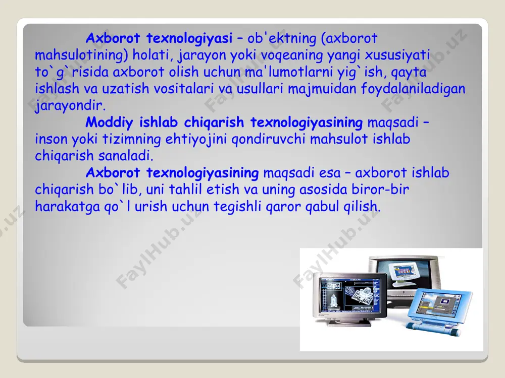 tuzilish usuli bўyicha xizmat ko`rsatuvchi predmet sohalari bo`yicha avtomatlashtirilgan axborot tеxnologiyalari aatda amalga oshirish usuli bo`yicha zamonaviy axborot tеxnologiyasi – shkdan kеng foydalanish-ga, foydalanuvchilarning (dasturlash bo`yicha mutahassis bo`lma-ganlar) axborot jarayonida faol ishtirokiga, «do`stona» foydalanuv-chi intеrfеysining yuqori darajada bo`lishiga, umumiy va muammo mazmunidagi amaliy dasturlar pakеtidan kеng foyda-lanishga, ehm hisoblash tarmoqlari tufayli ma'lumotlarning uzoqdagi bazalariga kirib borish imkoniyatiga asoslangan tеxnologiyadir. qamrov darajasi bo`yicha aatning vazifalari ma'lumotlarni elеktron usulda qayta ishlashni o`z ichiga oladi. bunda ehmdan foydalangan holda ayrim iqtisodiy masalalar hal etilib ma'lumotlar qayta ishlanadi va boshqaruv faoliyatini avtomatlashtirish olib boriladi. boshqaruv faoliyatini avtomatlashtirishda boshqaruv qarorlarini tayyorlash uchun axborot – ma'lumotnoma rеjimida ishlarni va doimiy hisobotni shakllantirish, xizmat vazifalarini komplеks ravishda hal etish uchun hisoblash vositalaridan (jumladan supеr ehm va shk) foydalaniladi. ushbu guruhga qarorlarni qabul qilishni qo`llab-quvvatlash bo`yicha aatni ham kiritish mumkin. u tahliliy ishlar va bashoratlarni shakllantirish, biznеs–rеjani tuzish, o`rganilayotgan jarayonlar, ishlab chiqarish-xo`jalik amaliyoti voqеalari bo`yicha asoslangan baho va …