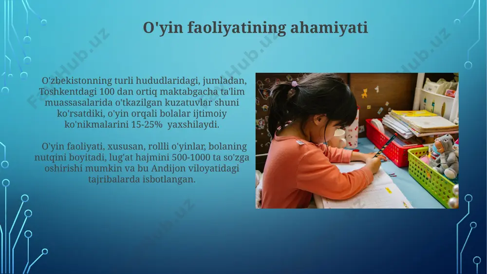 ologiyalarni qo'llash bo'yicha malaka oshirish kurslariga jalb etdi. farg'ona vodiysidagi 5 ta maktabgacha ta'lim muassasalarida bolalarning ijodkorlik va muammo yechish ko'nikmalarini rivojlantirishga qaratilgan 7 ta loyiha, 2023 yil davomida 300 dan ortiq bolaga ta'sir ko'rsatdi. o'quv materiallari va vositalari bolalar bog‘chasida 2-3 yoshli guruhlar uchun 20 ta rang-barang bloklar to‘plami, shuningdek, 5 ta turli xil geometrik shakllar modeli samarqand shahridagi o‘quv qo‘llanmalar do‘konida mavjud. farg‘ona viloyatida ishlab chiqarilgan tabiiy materiallardan tayyorlangan 10 ta ekologik toza o‘yinchoq va 7 ta qo‘l mehnati vositalari majmuasi, bolalarning nozik motorikasini rivojlantirishga qaratilgan. innovatsion pedagogik yondashuvlar aqliy xaritalar va "brainstorming" texnikalarini qo'llash orqali, 50 nafar toshkent shahridagi bolalarda ijodiy fikrlash va muloqot ko'nikmalarini rivojlantirishda sezilarli yutuqlar kuzatildi, ularning nutq faoliyati 15% ga oshdi. innovatsion pedagogik yondashuvlardan biri bo'lmish "o'yin orqali o'rganish" usuli 3-5 yoshli bolalar uchun 20 dan ortiq turli o'yinlarni, jumladan, konstruktorlar va rol o'ynash o'yinlarini o'z ichiga oladi, bu esa samarqanddagi ta'lim muassasalarida …