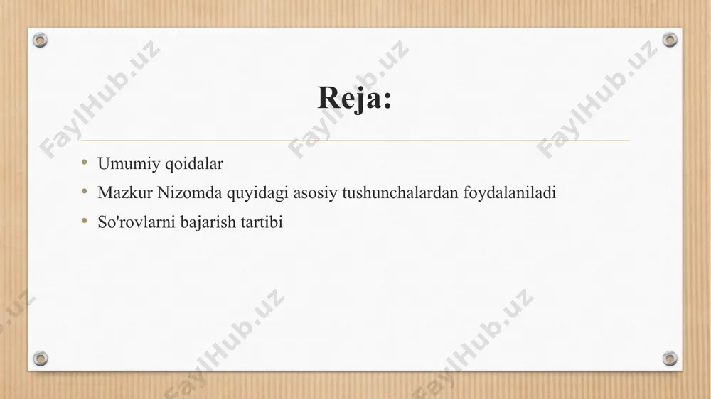 tsiya to‘lash masalalari bilan shug‘ullanuvchi amerika qo‘shma shtatlari, isroil, germaniya va boshqa davlatlarning notarial idoralarining, shuningdek, xorijiy nodavlat va nodavlat tashkilotlarining so‘rovlari. quyidagi so‘rovlar agentlik tizimidagi arxiv vakolatiga kiritilmaydi: fuqarolik holati dalolatnomalarini qayd etish to‘g‘risidagi guvohnomalar – fuqarolik holati dalolatnomalari organlari tomonidan ularning bajarilishini tashkil etuvchi o‘zbekiston respublikasi adliya vazirligiga (keyingi o‘rinlarda “fhdyo” deb yuritiladi); fuqarolarni tintuv qilish (o‘zbekiston respublikasi ichki ishlar vazirligi vakolatiga kiruvchi tintuvlar o‘tkazish), sobiq ittifoq hududida evakuatsiya qilish, asirlikda bo‘lganlar to‘g‘risidagi hujjatlarni taqdim etishda amaliy. ikkinchi jahon urushi yillarida, getto va kontslagerlarda, shuningdek, sobiq ittifoq hududidagi va xorijiy davlatlardagi qabrlarni saqlashda yordam ko‘rsatish uchun — o‘zbekiston qizil yarim yarim oy jamiyatining qidiruv xizmatiga; so'rovlarni bajarish tartibi fuqarolarning o‘zbekiston hududidagi mehnat faoliyati, ish haqi, ishlab chiqarishdagi baxtsiz hodisalar, davolanish (kasalxonadan tashqarida), pensiya olish, ta’lim olish, ilmiy daraja va unvonlar olish, davlat mukofotlari, orden va medallar bilan taqdirlanganliklari, mehnat faoliyatida ishtirok etishlari. evakuatsiya qilinayotgan jamoat tashkilotlarining ishi, fuqarolik …