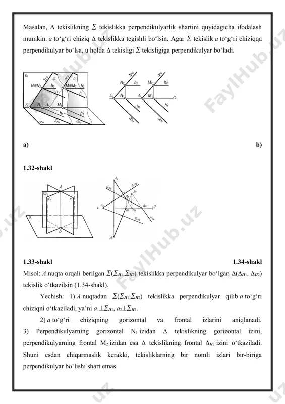 izi bilan kesishgan nuqtasi k1 ni aniqlab, so‘ng undan п1 iziga perpendikulyar qilib to‘g‘ri chiziqni ko‘taramiz, u ab bilan kesishib, k nuqtani aniqlaydi. 1.36,b-shaklda ab to‘g‘ri chiziqning proeksiyalovchi tekislik bilan kesishish nuqtasi k ni aniqlash epyurda ko‘rsatilgan. bunda ab to‘g‘ri chiziqning gorizontal proeksiyasi va tekislikning п1 gorizontal izi bilan kesishish nuqtasi k1 ni aniqlab, u bo‘yicha frontal proeksiyasi k2 topiladi. bular k nuqtaning proeksiyalarini ifodalaydi. a) b) to‘g‘ri chiziqni umumiy vaziyatda joylashgan tekislik bilan kesishuvi. to‘g‘ri chiziqni umumiy vaziyatda joylashgan tekislik bilan kesishuv nuqtasini aniqlash chizma geometriyaning pozitsion masalalarini yechishda muhim ahamiyatga ega. masalan, to‘g‘ri chiziq bilan sirtlarni kesishishi, sirtlarning tekislik bilan kesishish chizig‘ini va sirtlarning o‘zaro kesishuv chizig‘ini yasashda tatbiq etiladi. m to‘g‘ri chiziq bilan tekislikning kesishish nuqtasini aniqlash tartibini ko‘rib chiqamiz (1.37-shakl): · berilgan m to‘g‘ri chiziq orqali yordamchi kesuvchi tekislik o‘tkaziladi; · berilgan å tekislik bilan yordamchi f tekislikning mn kesishuv chizig‘i aniqlanadi; · aniqlangan mn chizig‘i …