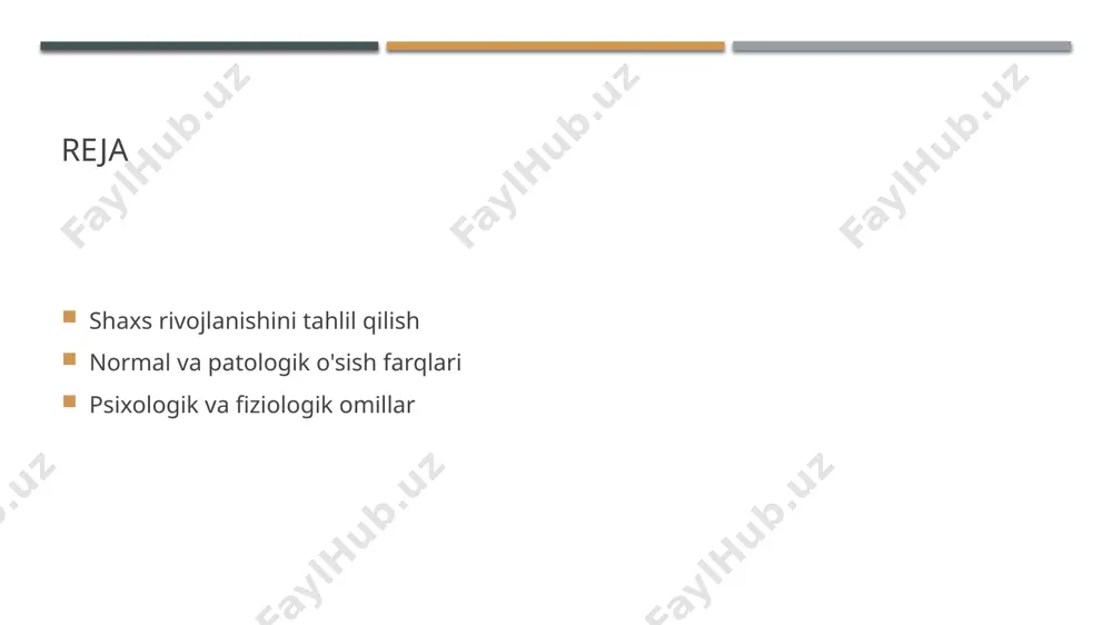 xsning o‘sishini va psixologik salomatligini belgilaydi. normal rivojlanish: belgilari va jarayonlari. 1 normal rivojlanish belgilar normal rivojlanish, shaxsning psixologik, ijtimoiy va fiziologik jihatdan barqaror, muvozanatli holatida bo'lishini anglatadi. bunga qobiliyat, hissiy sog'liq va o'z-o'zini anglash kiradi. 2 rivojlanish jarayonlari rivojlanish jarayonlari, bolalikdan boshlab, o'smirlik va kattalar davriga qadar davom etadi. har bir bosqichda shaxsning hissiy, kognitiv va ijtimoiy ko'nikmalari shakllanadi. 3 normal rivojlanishning ahamiyati normal rivojlanish, shaxsning ijtimoiy hayoti va sog'lig'iga ijobiy ta'sir ko'rsatadi. bu, stressga chidamlilikni oshirib, shaxsiy muvaffaqiyatni ta'minlaydi. patologik o'sish: sabablari va ta'siri. 1 patologik o'sish sabablari patologik o'sish asosan genetik, ijtimoiy va psixologik omillar ta'sirida yuzaga keladi. stress, travma yoki oilaviy muammolar rivojlanishga salbiy ta'sir ko'rsatishi mumkin. 2 psixologik omillar psixologik omillar o'z ichiga shaxsning o'z-o'zini anglash darajasini, emotsional barqarorlikni va muammolarni hal qilish qobiliyatini oladi. bu omillar patologik o'sishga yo'l ochishi mumkin. 3 ijtimoiy ta'sirlar ijtimoiy ta'sirlar, masalan, do'stlar, oila va jamiyatdan olingan qo'llab-quvvatlash yoki …