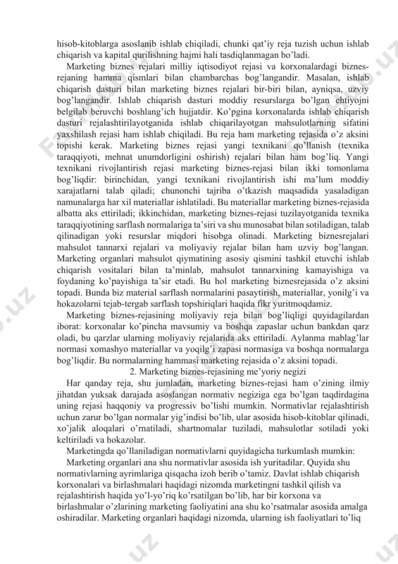 bo’lgan ehtiyoj va bu ehtiyojni qoplash manbalari kelgusi yil uchun aniqlanadi. bu rejada jismoniy shaxslar, asosiy va yordamchi xo’jaliklarning, shuningdek, ishlab chiqarish bilan bog’liq bo’lmagan sohalarning ham ehtiyojlari ko’rsatiladi. chorak va oylik marketing rejalari, yuqorida keltirilgan perspektiv va yillik rejalardan ko’p jihatdan ajralib turadi. ular faqat quyi marketing tashkilotlari va korxonalarida tuziladi. bu rejalar tovarlarning ko’rsatilgan nomenklaturasi bo’yicha tuziladi. respublika marketing biznes-rejalari tovarlarni ichki va tashqi bozorda sotishni, eksport va import rejalarini tuzishni, marketing budjetini aniqlashni, tarmoq rejalari esa shu vazirlik va idoralarga qarashli korxona va tashkilotlarning tovarlarini sotishni o’z ichiga oladi. zavod-fabrika rejalari har bir korxonada tuziladi. korxonada marketing rejasi, avvalo, tovarga bo’lgan ehtiyojning homaki, dastlabki hisob-kitoblarga asoslanib ishlab chiqiladi, chunki qat’iy reja tuzish uchun ishlab chiqarish va kapital qurilishning hajmi hali tasdiqlanmagan bo’ladi. marketing biznes rejalari milliy iqtisodiyot rejasi va korxonalardagi biznes-rejaning hamma qismlari bilan chambarchas bog’langandir. masalan, ishlab chiqarish dasturi bilan marketing biznes rejalari bir-biri bilan, ayniqsa, …