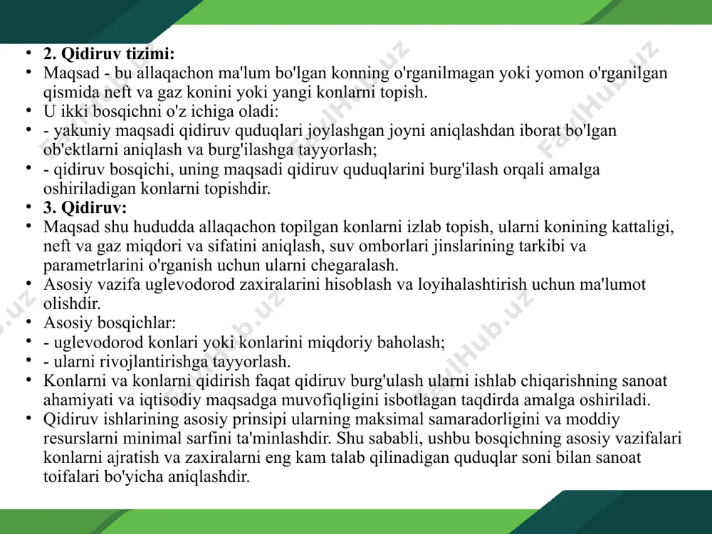 nchalik aholi punktlarini joylashtirish uchun erlarni o’zlashtirish; ekzogen geologik jarayonlarni faollashtirish; ekotizimlarning biologik mahsuldorligining pasayishi yuzaki va yer osti suvlarining yuvuvchi suyuqlik bilan ifloslanishi; • tuzilmaviy qidiruv va qidiruv quduqlari ta'sirida sho'r suvlarning o'z-o'zidan oqishi paytida er usti suv havzalarining sho'rlanishi burg'ilash va quduqni o'zlashtirish paytida neft va gazning tasodifiy chiqindilari; • yo'llar va sanoat maydonlarini qurish paytida gaz va changning ifloslanishi konchilik neft konlari ob'ektlari uchun qishloq xo'jaligi foydalanishidan yerlarni o’zlashtirish. suv toshqini tufayli suv qatlamlarini izolyatsiyasini buzish. quduqdan foydalanish paytida uglevodorodlar, sulfidli vodorod, oltingugurt va azot oksidlari bilan ifloslanish; • avtotransport vositalaridan va burg'ulash uskunalari dvigatellaridan chiqindi gazlarni chiqarib tashlash. transport va birlamchi ishlov berish chiqindilarni saqlash uchun yer ajratish; • neft magistral quvurlarini qurish va ulardan foydalanish paytida ekologik vaziyatni buzilishi. yog 'mahsulotlari va kimyoviy reagentlarning rezervuarlardan va dozalash moslamalaridan oqishi; •yer usti va yer osti suvlarining yoqilg'i-moylash materiallari, maishiy va texnik chiqindilar bilan ifloslanishi. yog va …