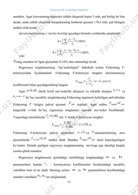 erak. regressiya tenglamasining “ma’nodorligini” baholash uchun fisherning f- kriteriyasidan foydalaniladi. fisherning f-kriteriyasi miqdori determinatsiya koeffitsienti bilan quyidagichabog’langan: agar (besh foizli ma’nodorlik darajasi) va erkinlik darajasi va bo’lsa, tasodifiy miqdorlarning fisherning taqsimoti keltirilgan jadvallardan fisherning belgisi jadval qiymati - topiladi. agar ushbu tengsizlik o’rinli bo’lsa, regressiya tenglamasi statistik ma’nodor hisoblanadi. yuqoridagi misolimizda edi. u holda f-kriteriyasi miqdori fisherning f-kriteriyasi jadval qiymatlari va parametrlarning mos qiymatlarida tashkil etadi. bundan shart bajarilganligini ko’ramiz. demak qurilgan regressiya tenglamasining ma’noga ega ekanligi haqida xuolsa qilish mumkin. regressiya tenglamasini qurishdagi xatoliklarga tenglamadagi va parametrlarni hamda - korrelyatsiya koeffitsentini hisoblashdagi tasodifiy xatoliklar ham ta’sir etadi. shuning uchun va parametrlarni hisoblashdagi standart xatoliklar lar aniqlaniladi. regressiya koeffitsientining tasodifiy xatoligi quyidagi formula bilan aniqlaniladi: regressiya tenglamasining parametri tasodifiy xatoligi quyidagi formula bilan aniqlaniladi: chiziqli korrelyatsiya koeffitsientining tasodifiy xatoligi esa formula asosida aniqlaniladi: 5.2. chiziqli regressiya tenglamasi intervalining bashorati regressiya tenglamasi parametrlarining statistik ma’nodorligini baholash styudent- kriteriyasi yordamida ham amalga …