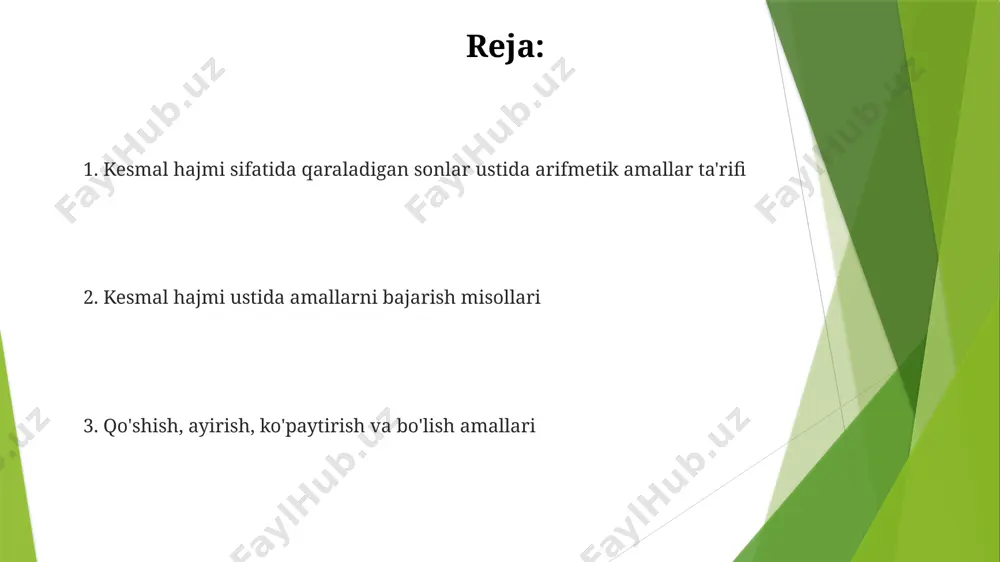 4 sm bo'ladi. bu bo'linuvchining o'lchov birligi bilan bir xil. kesmalarni bo'lish amali geometrik ravishda ham ifodalanishi mumkin, bunda bir kesma ikkinchisiga parallel ravishda necha marta joylashtirilishini ko'rsatish orqali hisoblanadi. bu 1:n nisbatni aniqlashga yordam beradi. kesmallarning o'lchami sifatida sonlar ustida arifmetik amallar ta'rifi agar 12 birlik uzunlikdagi kesmani 3 ga bo'lsak, har bir qismning uzunligi 4 birlikni tashkil etadi, bu esa sonlar ustida bo'lish amali va kesmalning o'lchamlarini nisbatini aks ettiradi. kesmallarning o'lchami sifatida sonlarni qo'shish, ayirish, ko'paytirish va bo'lish amallari ularning miqdorini mos ravishda 1, 2, 3 yoki 4 birlikka o'zgartirish sifatida ta'riflanadi, bu yerda birlik kesmalning asosiy o'lchov birligidir. qo'shish va ko'paytirish amallarining taqsimlanuvchanligi qo'shish va ko'paytirish amallarining taqsimlanuvchanlik xossasi, a(b+c) = ab + ac ko'rinishida ifodalanadi va ikkita haddan iborat ifodaning har bir hadiga uchinchi hadni ko'paytirish natijasini beradi. agar a, b va c butun sonlar bo'lsa, a(b+c) = ab + ac tenglamasi har doim to'g'ri …