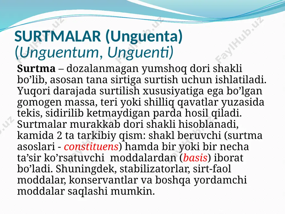 n bo’lsa odatda vazelin ishlatiladi. surtilish yuzasiga ko’ra reseptda dermatologik surtmalar miqdori 20,0-100,0 gacha, oftalmologik surtmalar 5,0-10,0 gacha yoziladi. surtma asosi sifatida vazelin emas, qandaydir boshqa maxsus asos qo’llanilganda faqat kengaytirilgan resept yoziladi. rp.: dan keyin qaratqich kelishigi bosh harfda dori moddasining nomi, miqdori grammlarda yoki ta’sir birliklarida yoziladi. ikkinchi satrda qaratqich kelishigi bosh harfda surtma asosi nomi va miqdori, umumiy hajmgacha (“ad” – gacha) yetkazilishi ko’rsatiladi. uchinchi satrda m.f. unguentum, to’rtinchi satrda esa d.s. yoziladi. misol. tarkibida 1% neomisin sulfat bo’lgan 50 g lanolin asosli surtmaga resept yozilsin. hisob: 100,0 – 1,0 50,0 – x x = 0,5 demak tarkibida 1% neomisin sulfat bo’lgan 50 g surtma tayyorlash uchun 0,5 g neomisin sulfat olish kerak. rp.: neomisini sulfatis 0,5 lanolini ad 50,0 m.f. unguentum d.s. jarohatlangan joyga surtish uchun. agar surtma tarkibiga 1 ta dorivor modda kirgan bo’lsa va surtma asosi sifatida vazelin olingan bo’lsa, bunday holda resept faqat …