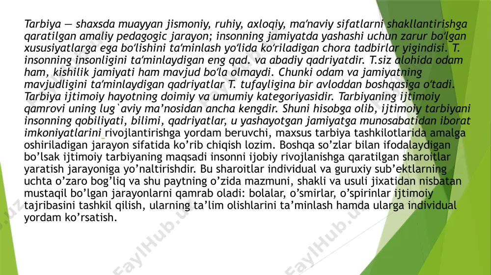 bat ijtimoiy jihatdan tabaqalashgan, alohida ko`rinishga ega. chunki o’zaro munosabatning aniq ishtirokchilari muayyan etnik ijtimoiy va ijtimoiy psixologik guruhlar vakili bo’la turib, o’z munosabatlarida u yoki bu darajada ular mansub guruxlarga tegishli ijtimoiy xulqni amalga oshirishadi. -umuman olganda, o’zaro munosabat tarbiyachilar va tarbiyalanuvchilarning birgalikdagi faoliyati, bu faoliyatning mazmuni, xarakteri, tarbiyaviy samaradorligi faoliyat ishtirokchilari va ular o’zlarini qay darajada shaxs deb xisoblashlariga bog’liq. o’zaro munosabat jarayonida amalga oshirilayotgan ijtimoiy tarbiya insonning ijobiy ijtimoiy, ma’naviy bilim va ko’nikmalarni o’zlashtirishda qulay sharoitlar yaratadi. “ijtimoiy” tushunchasi (lotincha socialis – umumiy, jamoatchilik) insonlarning birgalikdagi hayoti bilan bog’liq bo’lib, ularning muomala va bir-biriga ta'sirining turli xil shakllari birlashtiradi. ijtimoiy pedagogik faoliyat va ijtimoiy ta’lim. ijtimoiylashuv jarayonida bola jamiyat, ijtimoiy munosabatlar, ijtimoiy maqom, ijtimoiy xulq-atvorning me’yor va qoidalari haqidagi turli bilimlarni, jamiyatga ko'nikishiga yordam beruvchi turli ko‘nikma va malakalarni o‘zlashtiradi. bu jarayon, ayniqsa, bolalikda juda jadal sur’atlar bilan amalga oshadi. ma’lumki, bola besh yoshgacha uning keyingi hayotida …