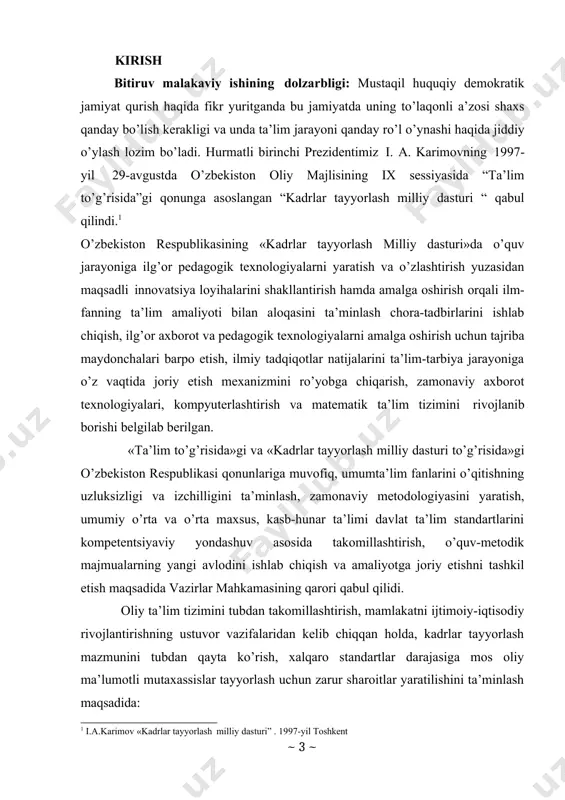 ar va olimlarni faol jalb qilish, ularning bazasida tizimli asosda respublikamiz oliy ta’lim muassasalari magistrant, yosh o’qituvchi va ilmiy xodimlarining stajirovka o’tashlarini, professor- o’qituvchilarni qayta tayyorlash va malakasini oshirishni tashkil qilish;2 bugungi kunda o’quv jarayoni sifati va samaradorligini tubdan oshirish maqsadida bir qator yangi qarorlar qabul qilinmoqda. o’zbekiston respublikasi prezidentining “oliy ta’lim tizimini yanada rivojlantirish chora-tadbirlari to’g’risida”gi 2017- yil 20- apreldagi pq – 2909 – sonli qarori oliy ta’lim tizimini tubdan takomillashtirish, mamlakatimizni ijtimoiy-iqtisodiy rivojlantirish borasidagi ustuvor vazifalarga mos holda, kadrlar tayyorlashning ma’no- mazmunini tubdan qayta ko’rib chiqish, xalqaro standartlar darajasida oliy malakali mutaxassislar tayyorlash uchun zarur sharoitlar yaratish maqsadida qabul qilingan. professor-o’qituvchilarning kasb mahoratini, pedagog xodimlarning malakasini oshirish, shuningdek, ularning xorijiy hamkor oliy o’quv yurtlarida malaka oshirishi, magistratura, doktoranturada ta’lim olishi hamda respublikamizning tayanch oliy o’quv yurtlari qoshida qayta tayyorgarlikdan o’tishi va malaka oshirishi. mazkur dasturda, asosan, mamlakatimizning har bir oliy ta’lim muassasasi bilan aqsh, buyuk britaniya, fransiya, italiya, …