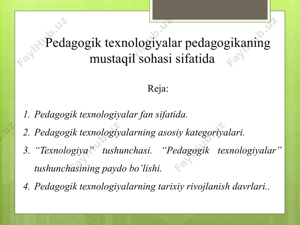 an yondashuv, o‘quvchilarni turli kasb-xunar kollejlari, akademik litseylarda taxsil olishlarini ta‘minlash zamonaviy pedagogika fani oldiga yuksak vazifalarni qo‘ymoqda. masalan, ushbu o‘quv muassasalari uchun davlat ta‘lim standartiga muvofiq keluvchi o‘quv dasturlarini va darsliklar, o‘quv qo‘llanmalarini yaratish bugungi kun talablariga javob bermog‘i lozim o‘quv –tarbiya jarayonlarini tashkil etishda ham an‘anaviy usullardan farqli o‘laroq, yangicha pedagogik yondashuvlarni o‘zlashtirish va ta‘lim jarayonida qo‘llash zamon talabidir. milliy dasturda bu masalaga alohida e‘tibor berilgan. albatta, ilg‘or pedagogik texnologiyalar bizning fanimizga endigina kirib kelmoqda. aslida esa ta‘limga texnologik yondashuv masalasi rivojlangan demokratik xorijiy davlatlard bundan 30-yillar muqaddam paydo bo‘lgan va ular bu sohada katta yutuqlarni qo‘lga kiritgan. ii. pedagogika fani va amaliyotida turli yondashuvlar qo‘llaniladi. an‘anaviy yondashuv, tizimli yondashuv, texnologik yondashuv, funktsional, kompleks, faoliyatli yondashuvlar shular jumlasidandir. an‘anaviy yondashuv. uning asosiy xususiyati-o‘qituvchi ma‘lum axborotni, gapirib beradi, tushuntiradi, talaba esa bu blimni xotirasida saqlaydi. “bilim” tushunchasi xotirada saqlanadigan axborot ma‘nosida tushuniladi. tulabada bilim bor-yo‘qligi imtihonda shu axborotga doir …