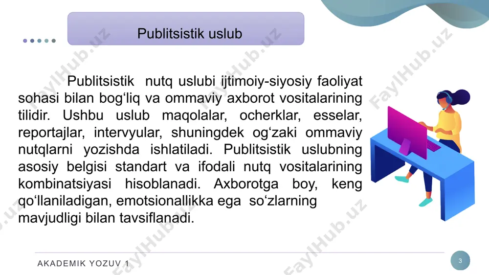 norasmiy muloqot sohasiga xizmat qiladi. ushbu uslubning o‘ziga xos xususiyatlari quyidagilardan iborat: tayyorgarlik ko‘rmaslik, vaziyatga qarash, suhbatdoshning albatta bo‘lishi, yuqori darajadagi hissiylik va ifodalanish, noan’anaviy til vositalaridan keng foydalanish, keng doirada qo‘llab-quvvatlash. og‘zaki uslub akademik yozuv 1 13 og‘zaki uslub akademik yozuv 1 og‘zaki uslub og‘zaki suhbat hikoya yozma yozishma iltifot nizo forum sms blog 14 so‘zlarning qisqarishiga olib keladigan nutq tezligi: [salom] = assalomu alaykum; urg‘uning noto‘g‘ri qo‘yilishi: og‘zaki so‘zlashuv so‘zlaridan foydalanish: frazeologik birliklarning mavjudligi: boshiga ko‘tarmoq, kapalagi uchmoq, boshi ko‘kka etmoq; og‘zaki uslubining o‘ziga xos xususiyatlari akademik yozuv 1 15 gaplarni qo‘llash: 1) soodda (ko‘pincha tugallanmagan): men hozir universitetga, kechqurun esa kinoga) 2) bog‘lovchisiz: yetib borganingda — darhol qo‘ng‘iroq qiling) 3) so‘roq va undovlar: mana bu kutilmagan voqea! siz biz bilanmi? kimga aytyapman! 4) kirish so‘zlari bilan: vaholanki, u hech qachon turmushga chiqmagan, ammo bu yil u ko‘rinadi) maxsus sintaktik tuzilishdan foydalanish, masalan: ta’til - u dushanba kuni …