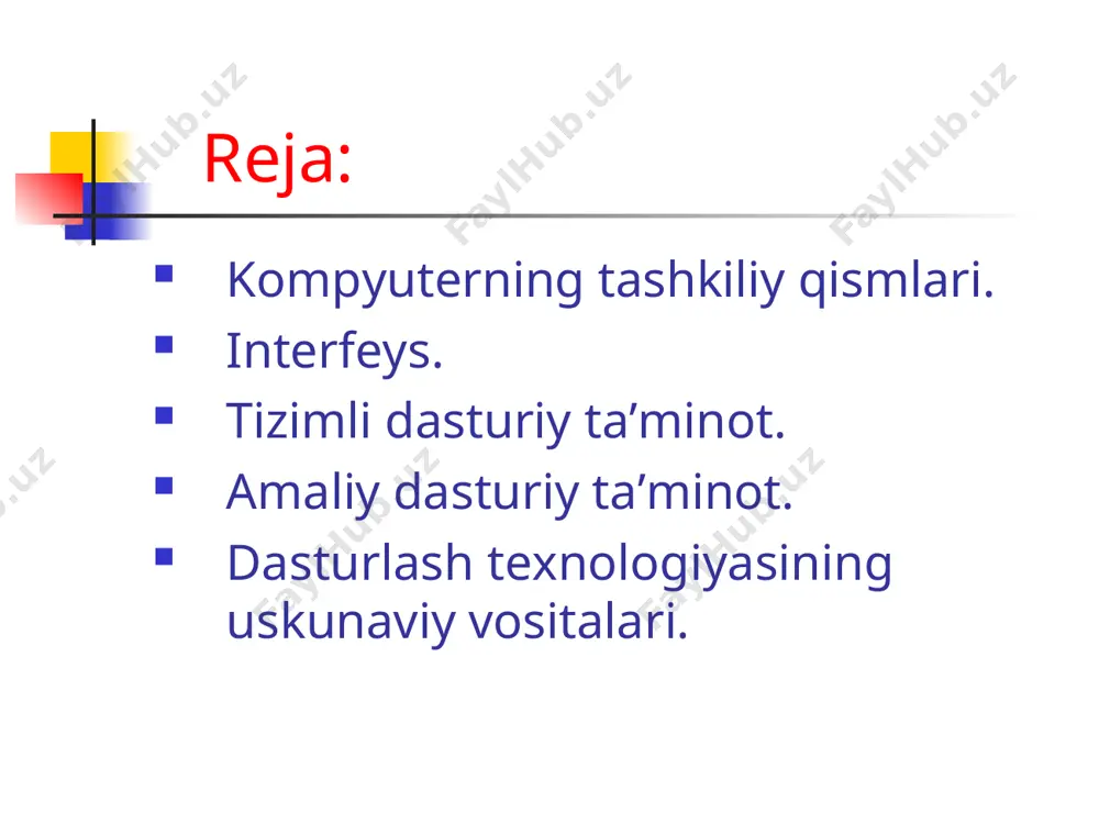 sh texnologiyasining uskunaviy vositalari. dasturlash texnologiyasining uskunaviy vositalari – yangi dasturlarni ishlab chiqish jarayonida qo’llaniladigan maxsus dasturlar majmuasidan iborat vositalardir. bu vositalar dasturchining uskunaviy vositalari bo’lib xizmat qiladi, yani ular dasturlarni ishlab chiqish (avtomatik ravishda ham), saqlash va joriy etishga mo’ljallangan. mobil operation tizimlar. symbian ot windows mobile linux –sistemi (android) palm ot iphone ot blackberry ot android operation tizimi. android –eng yosh otlardan hisoblanib, linux operation tizimi bazasiga asoslangan.u googlening qo’llab quvvatlashi natijasida open handset allianse(oha) tomonidan ishlab chiqilgan.dasturning joriy kodi ochiq holatda mavjud bo’lib,har qanday foydalanuvchi o’z versiyasini yaratib olishi mumkin. afzalliklari. moslashuvchanlik. joriy kod ochiqligi. dasturning ko’pligi. yuqori tez ta’sirchanlik. google ning xizmatlari bilan qulay o’zaro bog’lanish. ko’p vazifalilik. case-texnologiyasi case-texnologiyasi informatikaning hozirgi payitda eng tezkor rivojlanayotgan sohalaridan biridir. case-compyuter aided sistem engineering-axborotlar tizimi aftomatlashtirilgan usulda loyixalash degani bo’lib, case-texnalogiyasi turli mutaxassislar, jumladan, tizimli taxlilchilar, loyihachilar va dasturchilar ishtirok etadigon ko’pchiliklarning qatnashishi talab etiladigon axborot tizimlarini yaratishda …