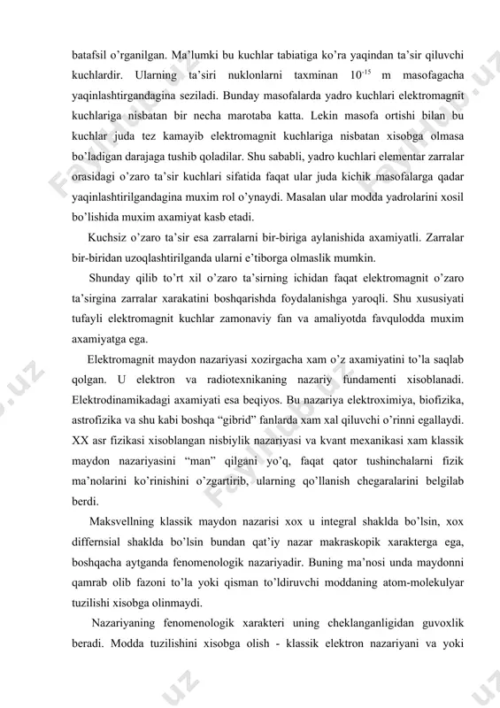 aydo bo’lishiga olib keladi. bu nazariyani asoschisi g. a. lorentts (1853-1928) xisoblanadi. lorenttsning elektron nazariyasini klassik nazariya deyilishini sababi shundaki, uning asosida klassik fizikaning qonun-qoidalari yotadi. klassik fizikaning ta’limotiga ko’ra materiyaning barcha ko’rinishlarida, ya’ni mega makro va mikrodunyoda aniq birday qonuniyatlar amal qiladi. boshqacha so’zlar bilan aytganda makradunyo bilan mikrodunyo oralig’ida faqat sof miqdoriy, o’lchamiy farqlargina mavjud bo’lib, sifatiy farqlar butunlay yo’q deb qaraladi. makraskopik elektrodinamikada shakllantirilgan maksvell tenglamalari to’laligicha mikradunyoda xam qo’llashga yaroqli, masalan atomlarning ichida cheksiz kichik xajmlarda. yo’l-y’’lakay ta’kidlash zarurki bu qonuniyat kvant fizikasi tomonidan man qilinadi. shunga qaramay klassik elektron nazariya bugunga qadar o’z axamitini yo’qotgani yo’q. elektron nazariyada fenomenologik usulni o’rniga modda tuzilishini asosiy deb qarovchi usuldan foydalanib, bu xolda mikraskopik qonuniyatlar model ko’rinishida asoslanadi. bu usul xx asr fizikasining xarakterli belgisi bo’lib xodisani tushintirish uning ikki mikrofizik moxiyatini ochishdan iborat bo’ladi. elektron nazariya dastlabki paytda fenomenologik nazariyada kiritilgan qator kattaliklarni fizik ma’nosini aniqlashtirishda bebaxo …