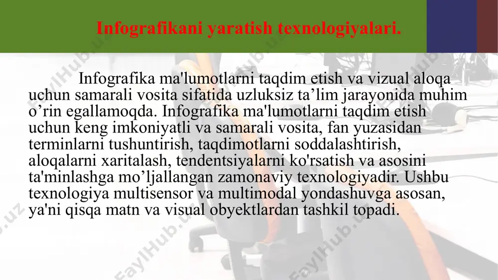 ma'lumot beruvchi yorliqlar infografika komponentlari infografikaning beshta komponentini mavjud bo’lib ular quyidagilar: ta’lim tizimida foydalaniladigan infografika turlari ta’lim tizimida murakkabligi asosida infografika quyidagi toifalarga bo'lingan, ular: animatsiyalangan infografika foydalanuvchi o’zgacha ijodiy g’oyalarni taqdim etish va tomoshabinlar e’tiborini jalb qilmoqchi bo’lganida ranglar, poplar, tovushlar, silliq o„tishdan foydalanadi. taqqoslash infografikasidan taqqoslash qilish uchun foydalaniladi. ikki yoki undan ortiq hodisalar, harakatlar, g'oyalar, jarayonlar, mahsulot, ma'lumotlar, ma'lumotlar, shaxslar yoki joylar grafiklar, tasvirlar, rasmlar va boshqalar. geografik infografika oddiydan murakkabgacha bo’lgan keng doiradagi ma’lumotlarni qamrab oladi. tushunishga yordam beradi, murakkab ma'lumotlar va ularni yanada sodda va tushunarli qilish. bu ma'lumotlar to'plamlarini taqqoslash sifatida ishlashi mumkin.turli darajadagi axborotni ierarxik tarzda tushuntirish uchun ierarxik infografikadan foydalaniladi. axborot infografikasi - bu ma'lumotlarni osonlik bilan yaratishga qaratilgan axborotning vizual tasviri birinchi qarashda tushunarli bo’ladi. interfaol infografika snap ilovasi foydalanuvchilarga diagramma va grafiklarni qanday birlashtirganini ko'rsatadi. infografikalarni loyihalashtirishda quyidagi tamoyillarga amal qilish zarur. o’qitishda yordam beradigan sifatli infografika uchun to'rtta …