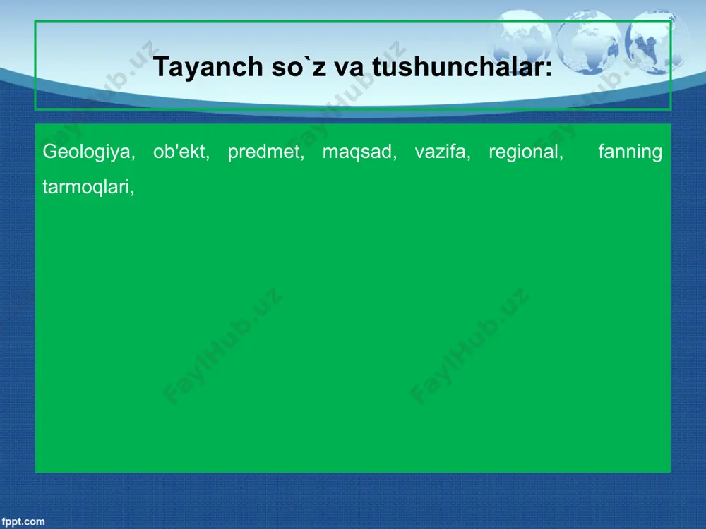 giya fanining tarmoqlari: kristallografiya – kristallar va ularning tabiiy xususiyatlarini o‘rganadi. mineralogiya – geologiyaning eng qadimgi tushunchalarini o‘zida mujassam etuvchi, ya’ni minerallarning turi, kelib chiqishi, geografik tarqalishi, tabiiy xossalari, foydalanilishi va hokazolarni o‘rganuvchi yo‘nalish. petrografiya – tog‘ jinslari, ularning geografik tarqalishi, hosil bo‘lish yo‘llari, turlari, tarkibi, foydalanilishi to‘g‘risida ma’lumot beradi. tektonika – ichki kuchlar ta’sirida yer qobig‘ining ko‘tarilishi, egilib bukilishi, uzilishi, siljishi natijasida hosil bo‘ladigan o‘zgarishlar hosilasi va ularning ahamiyatini o‘rganadi. - dinamik geologiya ichki va tashqi omillar tufayli yer qobig‘ida yuz beruvchi turfa jarayonlar, ularning turlari dinamikasi, hosil bo‘lish va geografik tarqalish qonuniyatlari, ijobiy hamda salbiy ahamiyati o‘rganiladi. - gidrogeologiya – yer osti suvlari ularning hosil bo‘lishi, harakatlanishi, yuzalanish sabablari, tabiatdagi tutgan roli, turlari va ularning ahamiyati o‘rganiladi. - vulkanologiya – vulqon turlari, kelib chiqish sabablari, geografik tarqalishi, mahsulotlari, tabiatdagi ahamiyatini o‘rganadi. - tarixiy geologiya – yerda qadimgi geologik davrlardan buyon yuz bergan o‘zgarishlar tizimi, har bir davrning ahamiyati …