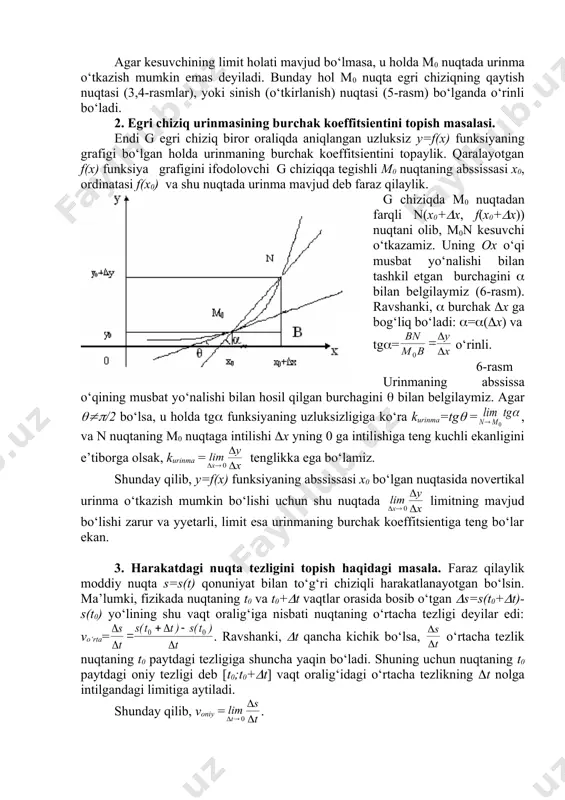 i bitta natijaga (odatda matematikada bunday holda bitta matematik modelga deb aytiladi) - funksiya orttirmasining argument orttirmasiga bo‘lgan nisbatining argument orttirmasi nolga intilgandagi limitini hisoblashga keltirildi. ma’lum bo‘lishicha, ko‘pgina masalalar yuqoridagi kabi limitlarni hisoblashni taqoza qilar ekan. shu sababli buni alohida o‘rganish maqsadga loyiqdir. adabiyotlar 1. azlarov. t., mansurov. x., matematik analiz. t.: «o‘zbekiston». 1 t: 1994, 2 t . 1995 2. toshmetov o‘. matematik analiz. matematik analizga kirish. t., tdpu. 2005y. 3. hikmatov a.g‘., turdiyev t. «matematik analiz», t.1-qism.1990y. 4. sa’dullayev a. va boshqalar. matematik analiz kursi misol va masalalar to`plami. t., «o‘zbekiston». 1-q. 1993., 2-q. 1995. 5. vavilov v.v. i dr. zadachi po matematike. nachala analiza. m.nauka.,1990.-608s. 6. www.ziyonet.uz _1193255987.unknown _1193256009.unknown _1193256035.unknown _1193256044.unknown _1193256026.unknown _1193255999.unknown _1193255972.unknown