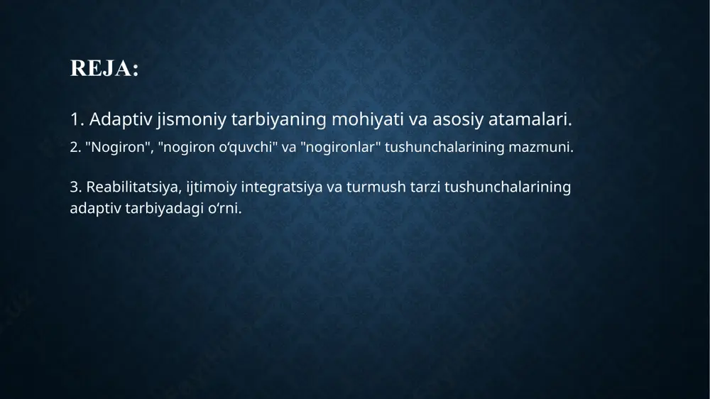 hi mumkin. "nogiron o‘quvchi" atamasi esa aynan maktabgacha, maktab yoki boshqa ta’lim muassasalarida tahsil olayotgan, jismoniy yoki aqliy cheklovlarga ega bo‘lgan bolalarni bildiradi. bunday o‘quvchilarga o‘zlashtirish imkoniyatlarini oshirish va rivojlanishini ta’minlash uchun maxsus o‘quv dasturlari, individual yondashuv va moslashtirilgan muhit talab etiladi. "nogironlar" tushunchasi nogironlik darajasi va shakllaridan qat’i nazar, barcha nogiron shaxslarni umumlashtiruvchi atamadir. bu atama orqali jamiyatda ular uchun yaratilishi lozim bo‘lgan teng imkoniyatlar, huquqlar va ijtimoiy qo‘llab-quvvatlash zarurligi ta’kidlanadi. nogironlar jamiyatning to‘laqonli a’zolari bo‘lib, ularning imkoniyatlarini to‘g‘ri baholash, qobiliyatlarini rivojlantirish va ularni ijtimoiy hayotga faol jalb etish muhim vazifalardan biridir. “nogiron” tushunchasining zamonaviy talqini faqat jismoniy holatni emas, balki ijtimoiy to‘siqlar mavjudligini ham hisobga oladi, ya’ni nogironlik ko‘pincha jamiyatda yetarli shart-sharoitlar yaratilmaganligi bilan bog‘liq bo‘ladi. nogiron o‘quvchilarning o‘qish jarayonida yuzaga keladigan to‘siqlarni kamaytirish maqsadida ularga moslashtirilgan sinf xonalari, maxsus uskunalar, qo‘shimcha o‘qituvchilar yoki reabilitatorlar yordamida qulay shart-sharoitlar yaratiladi. 3. reabilitatsiya, ijtimoiy integratsiya va turmush tarzi tushunchalarining adaptiv …