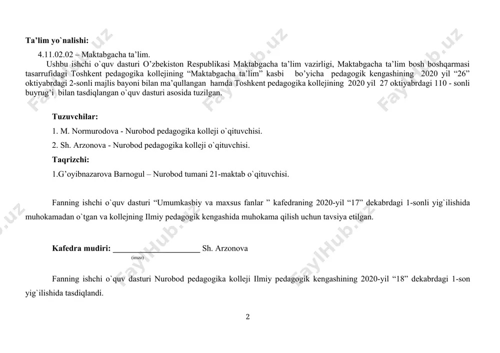 nson bo‘lishiga juda katta turtki bo‘ladi. “ilk qadam” davlat dasturining maqsad, vazifalari va tamoyillarini, hujjat tuzilmasi, ilk va maktabgacha yoshdagi bolalarni oʼqitish va rivojlantirish uchun dasturning ustunligi haqida bilim berish. fan bo’yicha o’quvchilarning bilimi, ko’nikma va malakalariga qo’yiladigan talablar bilimlar: “oʼzbekiston respublikasining ilk va maktabgacha yoshdagi bolalar rivojlanishiga qoʼyilgan davlat talablari”ning tuzilmasi va asosiy qoidalari toʼgʼrisida bilimlarni shakllantirish; “o`zbekiston respublikasining ilk va maktabgacha yoshdagi bolalar rivojlanishiga qo’yiladigan davlat talablari”, “ilk qadam ” davlat o`quv dasturi asosida mttlarda bolalar ijodiga rahbarlik qilish uchun amaliy, bilim va ko`nimalarni berish. - bolaga shaxsiga yo`naltirilgan ta'lim jarayonida o`rgatuvchi muhitni yaratish va rivojlanish markazlarni tashkil etish; - mtt ishiga oilalarni jalb qilish va oilalar bilan muvaffaqiyatli hamkorlikni rеjalashtirish. “o`zbekiston respublikasi ilk va maktabgacha yoshdagi bolalar rivojlanishiga qo`yiladigan davlat talablari”, "ilk qadam" davlat o`quv dasturi asosida bolalarni badiiy-ijodiy qobiliyatlarini rivojlantirish. ijodkorlik, izlanish orqali ijodiy ishlarni yarata olish qobiliyatini shakllantirish; mtt larda bolalar ijodkorligini riaojlantiruvchi markazlar uchun …