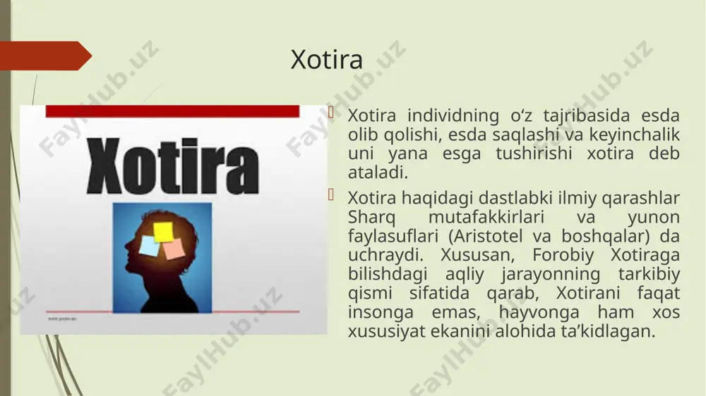 am (xotira izlari) nazariyasi xotira ma’lum neyron guruhlarining faollashishi bilan saqlanadi. qayta eslanganda o‘sha neyronlar yana ishga tushadi. neyron ansambllari va faza ketma-ketligi hebb nazariyasiga ko‘ra, birgalikda ishga tushgan neyronlar orasida kuchli bog‘liqlik hosil bo‘ladi. bu esa assotsiativ xotirani shakllantiradi. neurogenesis nazariyasi hipokampusda yangi neyronlarning hosil bo‘lishi xotira jarayonida muhim o‘rin tutadi. hipokampus va neokorteks o‘rtasidagi konsolidatsiya nazariyasi xotira dastlab hipokampusta saqlanadi, keyinchalik neokorteksga o‘tadi va mustahkamlanadi. 15 konsolidatsiya va rekonsolidatsiya nazariyasi xotira shakllangach uyqu yoki dam olish vaqtida mustahkamlanadi. qayta eslash jarayonida esa yangilanadi yoki o‘zgarishi mumkin. biokimyoviy signal yo‘llari nazariyasi kaltsiy, nmda/ampa retseptorlari, kinazalar va oqsil fosforillanishi xotiraning molekulyar mexanizmlarini tushuntiradi. xulosa xotira nazaryalari turli darajalarda – molekulyar, neyronal va tizimli – izohlanadi. bioximik nazariyalar xotiraning oqsil sintezi, signal yo‘llari va gen ifodalanishiga asoslanadi. neyrofiziologik yondashuvlar esa sinaptik plastiklik, neyron ansambllari va konsolidatsiya jarayonlariga urg‘u beradi. har ikki yondashuv bir-birini to‘ldirib, inson xotirasining murakkab mexanizmlarini tushunishga yordam beradi. …