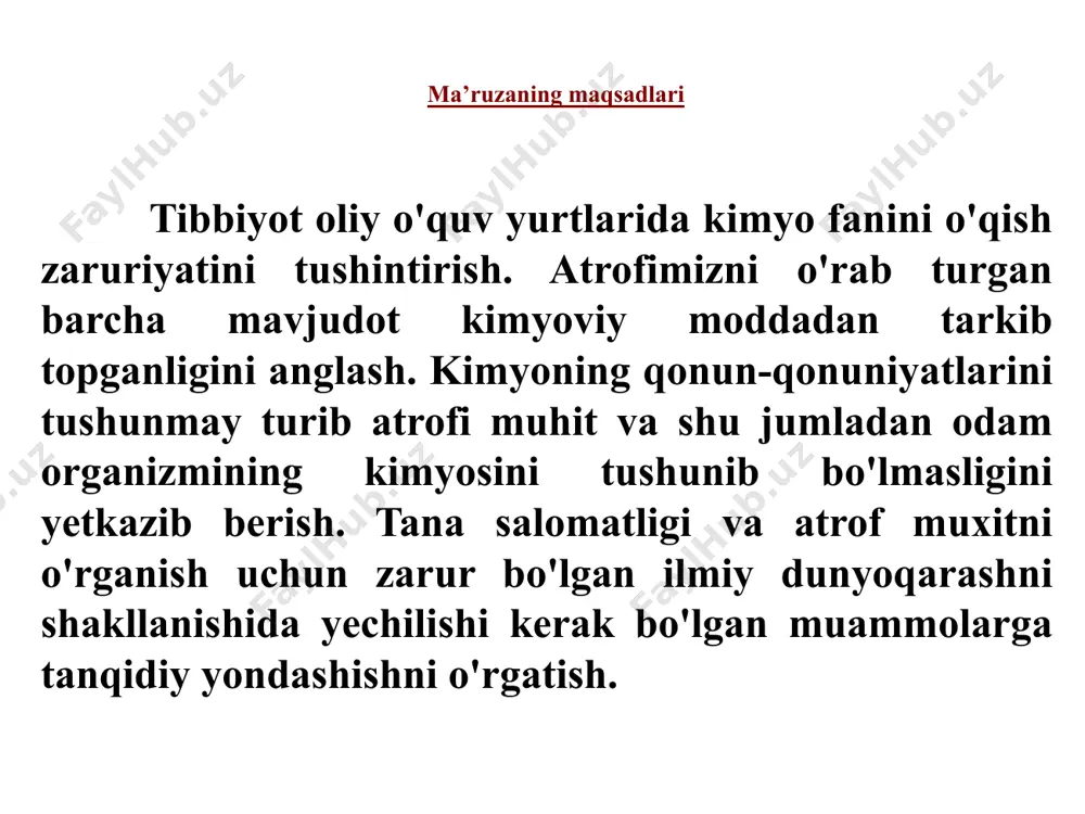 digan organik moddalarning tuzilishi va hossalarini o'rganish statik biokimyo asoslarini metabolizm jarayonlarini o'rganuvchi biologik kimyoning kirish qismi sifatida ko'rib chiqish atrof muhitni va tibbiyotni organishda kimyoning o’rni atrof muhitni muhofaza qilish va organizm salomatligi bilan bogl‘q bo'lgan muammolardan kelib chiqadigan savollar va ular bo'yicha qarorlar qabul qilishda kimyo markaziy o'rinlardan birini egallaydi. atrofimizdagi olam kimyoviy moddalardan tashkil topgan. biz oziq-ovqat tayyorlaganimizda, uyni yig’ishtirganimizda, idish va kir yuvganimizda - barchasida kimyoviy reaksiyalarni amalga oshiramiz. organizmga, tinimsiz kimyoviy reaksiyalar borayotgan kimyo kombinatidek qarash mumkin. atrofimizdagi eng oddiy hodisani tushunib yetish uchun ham o'zimiz bilmagan holda ilmiy dunyo qarashni qo'llaymiz. bu jarayon kuzatish, muammoni qo'yish, uni tahlil qilish – gipoteza yaratish, jarayonni amalga oshirish va hulosalar chiqarishdan iboratdir. ilmiy dunyo qarash kuzatish gipotezalar tajriba bajarish hulosalar gipoteza - vaqt o’tishi bilan ilmiy asoslanishi mumkin bo’lgan tahmin. agar tajribalar davomida yangi ma’lumotlar yig’ilsa, gipoteza qayta ko’rilishi, to’ldirilishi va o’zgartirilishi kerak. har qanday fanni o'rganish …