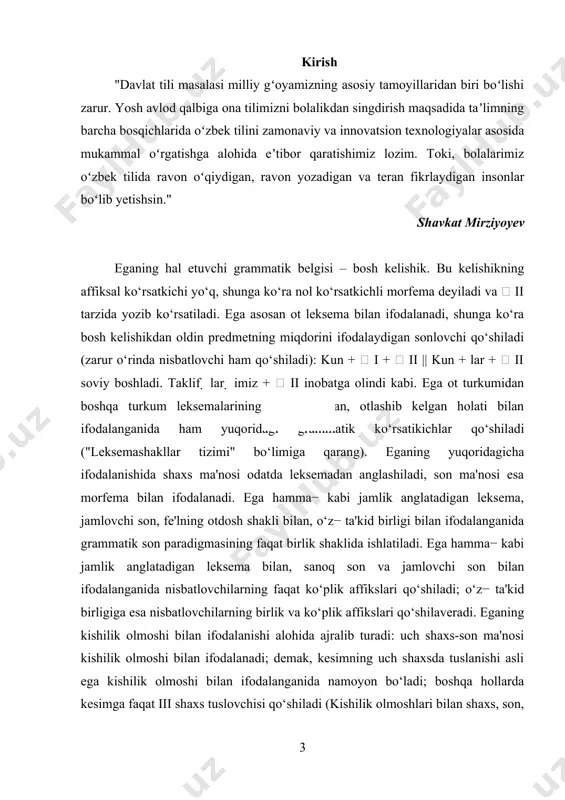 izning ya'ni kurs ishimizning ob'ekti ega bo'lsa, uning predmeti esa egani tadqiq etish usullaridan iboratdir. tadqiqotning ilmiy yangiliklari va erishilgan natijalari: kurs ishimizda erishilgan ilmiy yangiliklar va natijalar quyidagilarda o'z ifodasini topadi: egani kesim bilan muvofiqlashuvidagi hodisalar misollar orqali tavsiflab berildi, egani leksemashakl va birikmashakl bilan o'zaro munosabatlarining ifodalanishi ham aniq misollar yordamida ochib berildi. kurs ishining tuzilishi: mazkur kurs ishi kirish qism, ikki asosiy bob, xulosa va foydalanilgan adabiyotlardan iborat. i bob. ega haqida umumuiy ma'lumot va uning ishlatilish holatlari. i.1. eganing kesim bilan muvofiqlashuvi. ega bilan kesimda shaxs, son, modal ma'nolarning ifodalanishi va o‘zaro munosabati quyidagicha (tasvirni yana−da murakkablashtirmaslik uchun kesim tarkibidagi bo‘lishli−bo‘lishsizlik ko‘rsatkichi ta'kidlanmadi): i. shaxsda va sonda muvofiqlashuv yuzaga keladi, modallik ifodalanmaydi: 1. men + ii kel + ay(in), biz 1 + ii kel + aylik 1; sen + ii kel + v || kel + gin, siz 1 + ii kel + ingiz 1; 2a. …