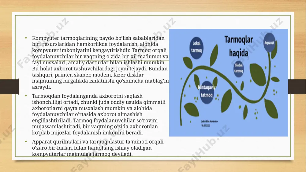 tda maxsus dastur ta’minoti yordamida ikki yoki undan ortiq mijozlar o’zaro axborot (matnli, tovush, video) almashinishi tushuniladi. raqamli videokameralar, tovushli kartalar, mikrofonlar, multimedia vositalarini qo’llaganda, videokonferentsiyalar o’tkazish imkoniyati tug’iladi. bunday holatlarda kompyuterlar yuksak unumdor va tarmoqning o’tkazish qobiliyati kuchli bo’lishi lozim. ms net meeting – dasturi orqali bevosita muloqotni amalga oshirish mumkin. lokal kompyuter tarmoqlari global tarmoqlar, ma’lumki, yirik shaharlar, mamlakat, qit’alarni qamrab oladi. lokal tarmoqlar esa etarlicha kichik maydonni o’z ichiga oladi. ular 10, 100, 1000 metr chamasi radiusda 1000 nafarga etar-etmas mijozlarga xizmat qilishga mo’ljallanadi. bunday hajm lkt 10 mbayt/s va undan ortiq tezlanishda ishlash imkonini beradi. odatda lkt ishchi stantsiyalar (is) va maxsus kompyuterlarni (fayl, print serverlari va boshqalar) o’zaro kabel bilan bog’lashdan iborat. ular o’z navbatida tarmoq adapterlari yordamida (tarmoq kartalari) ulanadi. alohida tugunlarni tarmoqda ulash usullari tarmoq topologiyasi deyiladi. odatda uchta topologiya qo’llaniladi: 1. umumiy shina. bu holda lokal tarmoqdagi barcha kompyuterlar bitta aloqa chizig’iga …