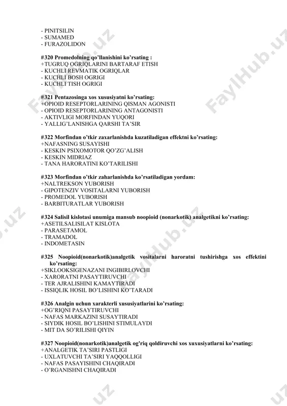 ng: + ftorurasil - rubomisin - bleomisin - nemisin # 333 o’smalarga qarshi antibiotikni ko’rsating: + rubomisin - neomisin - streptomitsin - gentamitsin # 334 o’simliklardan olingan o’samalarga qarshi qo’llaniladigan preparatlarni ko’rsating: + vinkristin - ergometrin - ergotamin - ergotoksin # 335 ftoruratsil xususiyatini ko’rsating: + blastomaga qarshi - mikozga qarshi - retrovirusga qarshi - gijjaga qarshi # 336 epilepsiyaga qarshi qo’llaniladigan preparatlarni ko’rsating: + karbamazepin - levadopa - midantan - bromokriptin # 337 epilepyik statusda qo’llaniladigan preparatlarni ko’rsating: + diazepam (sibazon) - etosuksimid - trimetin - midantan # 338 kichik tutqanoqda qo’llaniladigan preparatlarni ko’rsating: + trimetin - levadopa - midantan - sikladol # 339 mioklonus-epilepsida qo’llaniladigan preparatlarni ko’rsating: + klonazepam - midantan - sikladol - levadopa # 340 epilepsiyaga qarshi qo’llaniladigan vositalarni ta’sir mexanizmi komponentlarini belgilang: + neyronlar membranasining stabilizatsiyasi - refraktor davrining qisqarishi - neyronlararo qo'zg'zlishni yengillashishi - tormozlanish reaksiyasini pasayishi # 341 epilepsiyaga qarshi vositalarga qo’yiladigan talablarni …