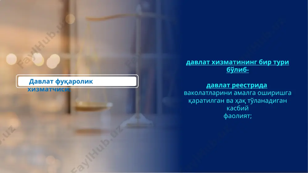 олда фойдаланиш чет давлат фуқаролигини олиш ўзбекистон ҳудудидан ташқарида ҳисобварақларга эга бўлиш, кўчмас ва мол-мулкка эгалик қилиш коррупциянинг олдини олиш чора-тадбирлар коррупцияга йўл қўйилмаслик одоб-ахлоқ қоидаларига риоя этиш манфаатлар тўқнашувини олдини олиш даромадлар ва мол-мулкни декларациялаш тизимини жорий этиш совғалар олиш ва бериш тартибини белгилаш ижтимоий ҳимоя, моддий таъминот олиш ва рағбатлантириш * * * * * * давлат фуқаролик хизматини ташкил этиш давлат фуқаролик хизмати лавозимлари сиёсий, бошқарув ва ёрдамчи лавозим гуруҳларидан иборат давлат фуқаролик хизматчиларига малака даражалари: сиёсий бошқарув ёрдамчи раҳбар кадрлар бошқарув кадрлари мутахассислар олий даражали маслаҳатчи 1-даражали маслаҳатчи 2-даражали маслаҳатчи 3-даражали маслаҳатчи 1-даражали хизматчи 2-даражали хизматчи 3-даражали хизматчи 4-даражали хизматчи 5-даражали хизматчи 6-даражали хизматчи лавозимлар тоифалари лавозимлар гуруҳлари малака даражалари давлат хизматини ривожлантириш агентлиги ваколатлари : давлат фуқаролик хизмати соҳасидаги ягона давлат сиёсатини амалга оширади давлат органлари ва ташкилотларининг кадрлар сиёсати соҳасидаги фаолиятини мувофиқлаштиради давлат фуқаролик хизмати соҳасида кадрларни бошқариш ва инсон ресурсларини ривожлантиришнинг инновацион усулларини …