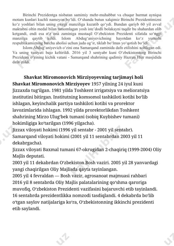 tashqari oltinchi sessiyasida i.a.karimov o‘zbekiston respublikasining davlat mustaqilligini e’lon qildi. o‘sha kunning o‘zida “o‘zbekiston respublikasining davlat mustaqilligi asoslari to‘g‘risida”gi qonunga imzo chekdi. 1991 yil 29 dekabrda umumiy, teng va to‘g‘ridan-to‘g‘ri saylov huquqi asosida yashirin ovoz berish yo‘li bilan o‘tkazilgan prezidentlik saylovida ko‘pchilik ovoz bilan ushbu yuksak lavozimga islom abdug‘aniyevich karimov saylandi. unga saylovchilarning 86 foizi ovoz berdi. tarixan qisqa davrda mamlakatimizda davlat va jamiyat qurilishining asosiy tamoyillari aniq ta’riflangan asosiy qonun - o‘zbekiston respublikasi konstitutsiyasi ishlab chiqilib qabul qilindi. islom abdug‘aniyevich uning ustida ishlashda bevosita qatnashib, o‘zbekiston respublikasi asosiy qonuni ustida ishlashda konstitutsiyaviy tajribasidan foydalanish uchun aqsh, gfr, yaponiya, kanada, frantsiya, portugaliya, italiya, shvetsiya, turkiya, ispaniya, hindiston, pokiston, misr kabi mamlakatlarning konstitutsiyalarini batafsil o‘rganib chiqdi. 1992 yil 8 dekabrda o‘zbekiston oliy kengashi ushbu tarixiy hujjatni qabul qildi. i.a.karimov muqobillik asosida to‘g‘ridan-to‘g‘ri, umumiy, yashirin ovoz berish yo‘li bilan bir necha marotaba o‘zbekiston respublikasi prezidenti etib saylandi va har safar saylovchilarning mutlaq …