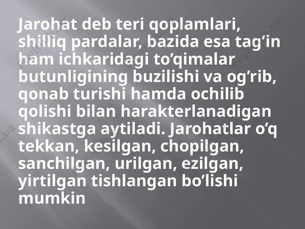 mexanik ta’sir tufayli paydo bo’lib, aksari terining sidirilib chiqishi, paylar, muskullar va tomirlarning shikastlanishi bilan birga davom etadi, ko’p ifloslangan bo’ladi. tishlangan jarohatlarga hamisha so’lak tushgan bo’ladi. operasiya jarohatlarini aytmaganda, jarohatlarning hammasi birlamchi tartibda infeksiyalangan, deb hisoblanadi. jarohatlovchi narsa, tuproq, kiyim bo’laklari bilan birga, havodan va jarohatga qo’l urilgan mahalda unga mikroblar tushadi. jarohatga tushib qolgan mikroblar uning yiringlab ketishiga, saramas singari yallig’lanishga aloqador asoratlarning paydo bo’lishiga olib kelishi mumkin. birinchi yordam — baxtsiz hodisalar roy berganda, kishi shikastlanganda yoki toʻsatdan kasal boʻlib qolganda uning hayotini saqlab qolish va yomon asoratlardan omon qolishi uchun koʻrsatiladigan tez va oddiy tadbirlar majmui; tibbiy xodim yetib kelguncha yoki ularni kasalxonaga olib borguncha amalga oshiriladi. birinchi yordam oʻz-oʻziga yoki boshqalar tomonidan (o'zaro) koʻrsatilishi mumkin. shikastlangan odam jarohatini oʻzi bogʻlay olsa, zaharlanish alomati boʻlganida, mast, koʻp suyuqlik ichib meʼdani yuvish va qayt qilishga quvvati kelsa, oʻz-oʻziga birinchi yordam koʻrsatishi mumkin. oʻzaro birinchi yordam odatda boshqa …
